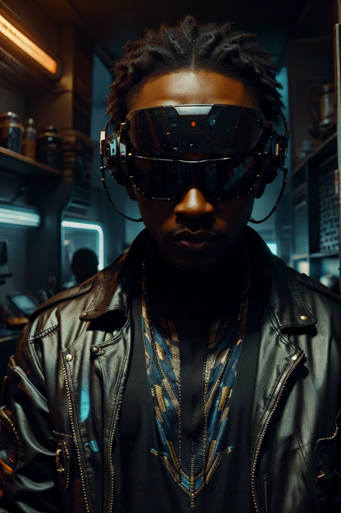 wearing African clothes, Black Donald trump ,wearing futuristic sunglasses, science fiction style, A highly detailed, , high-tech, cyberpunk,