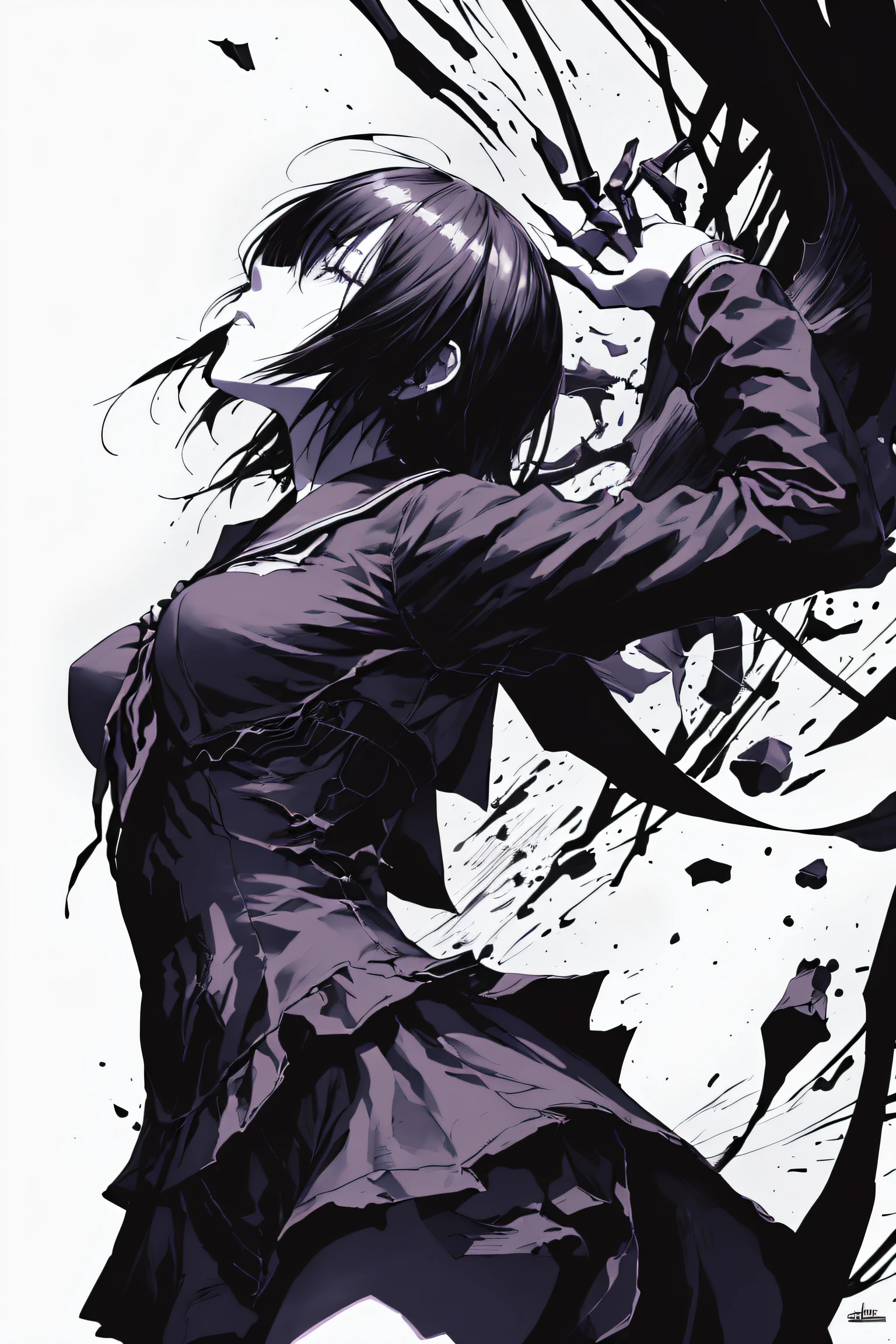 Anime girl with black hair and a purple dress holding a knife - SeaArt AI