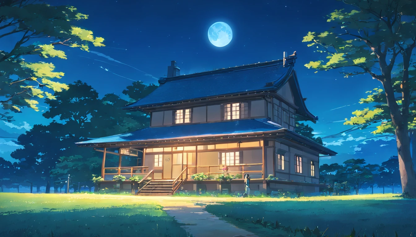 no people, country house view, night scene, with clear sky, shining moon, with blue coloring, high resolution