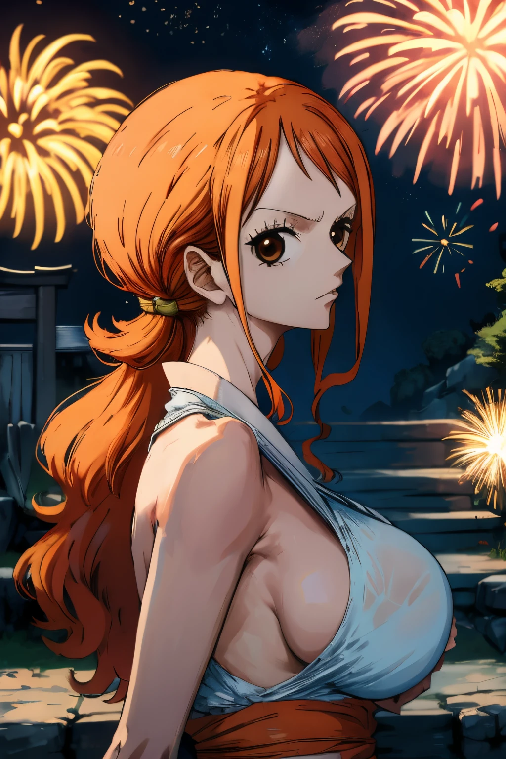 Nami (One piece), masterpiece, best quality, absurdres, solo, woman, badass, standing, upper body, looking at viewer, orange hair, big breasts, from side, inexpressive, stairs, japanese temple, mountain, forest, (night), star, hanabi, fireworks, stars, masterpiece