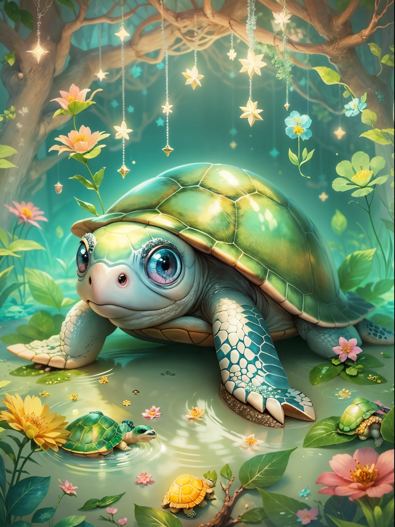 ((Fairytale)), ((The cute turtle illustration is drawn)), largeeyes, Round eyes, eyes glowing, (a variety of poses), Beautiful garden in the background, Colorful flowers bloom, Pink, blue and yellow flowers. it&#39;s bathed in light, The floor is studded with sparkling jewels. The light of diamonds and the light of emeralds spread out beautifully like stars.