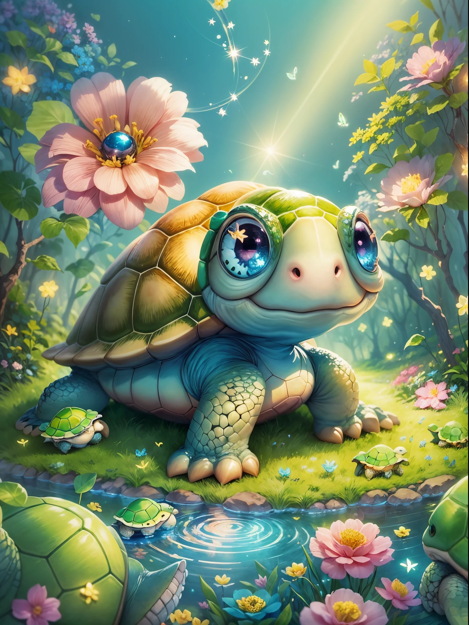 ((Fairytale)), ((The cute turtle illustration is drawn)), largeeyes, Round eyes, eyes glowing, (a variety of poses), Beautiful garden in the background, Colorful flowers bloom, Pink, blue and yellow flowers. it&#39;s bathed in light, The floor is studded with sparkling jewels. The light of diamonds and the light of emeralds spread out beautifully like stars.