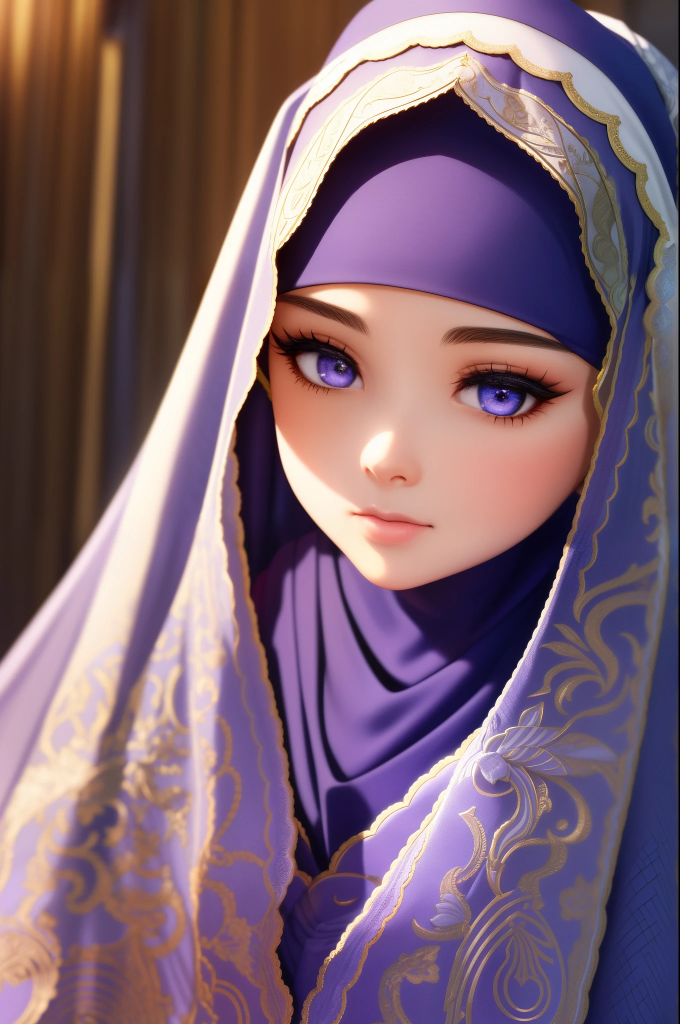 .masterpiece:1.2, best quality), realistic, (real picture, intricate details, depth of field), (1girl, solo), make up, parted lips, highly-detailed, perfect face, (skindentation), glossy coral lips, (A girl wearing full hijab, Islamic clothes), blushing, Raiden baal (Raiden shougn) from genshin impact,high-detailed hands,