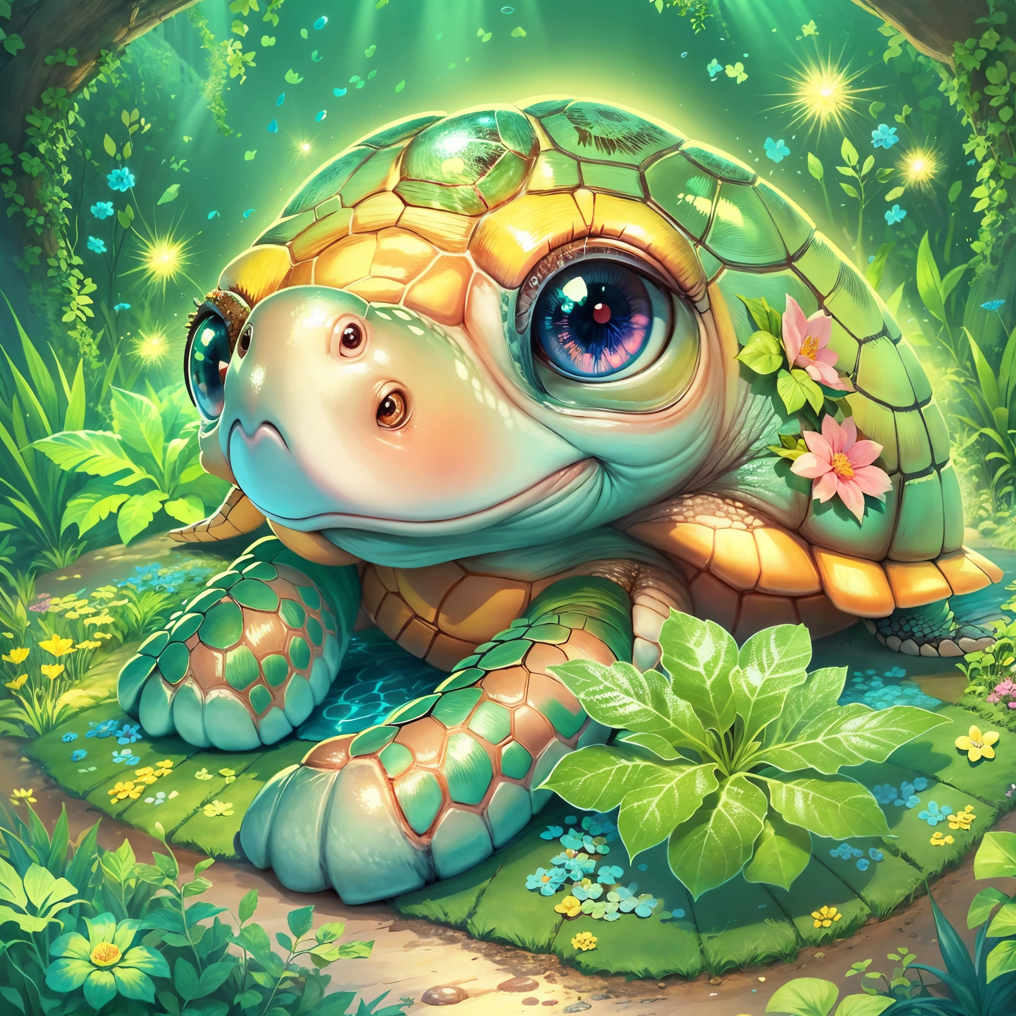 ((Fairytale)), ((The cute turtle illustration is drawn)), largeeyes, Round eyes, eyes glowing, (a variety of poses), Beautiful garden in the background, Colorful flowers bloom, Pink, blue and yellow flowers. it&#39;s bathed in light, The floor is studded with sparkling jewels. The light of diamonds and the light of emeralds spread out beautifully like stars.