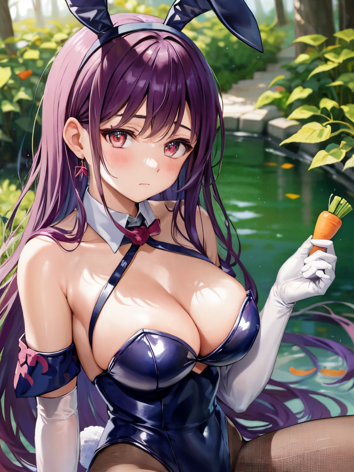 ivy fe, 1girl, solo, breasts, looking at viewer, blush, large breasts, nature, pond, trees, park, long white elbow gloves, holding, animal ears, cleavage, bare shoulders, jewelry, very long hair, closed mouth, pantyhose, earrings, rabbit ears, leotard, fake animal ears, playboy bunny, carrot, vegetable