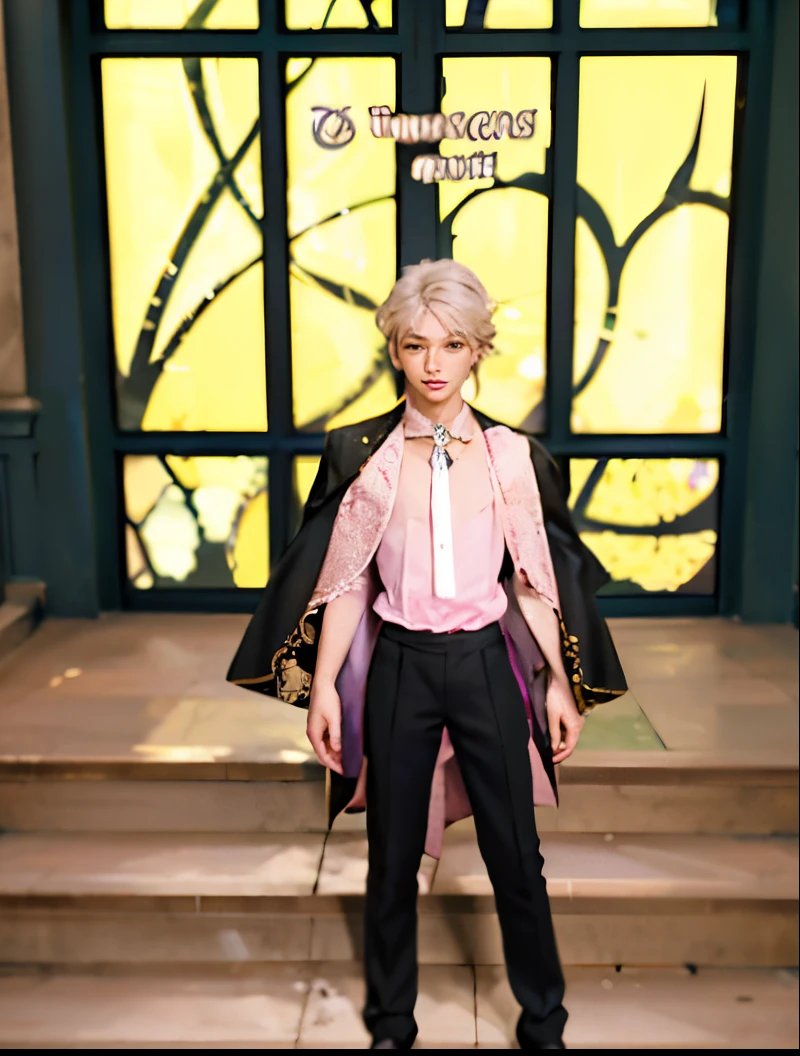 a close up of a person standing on a set of stairs, delicate androgynous prince, beautiful androgynous prince, wearing fantasy formal clothing, ((wearing aristocrat robe)), pink iconic character, single character full body, magical school student uniform, inspired by Tomioka Tessai, fashion gameplay screenshot, handsome anime pose, anime vtuber full body model