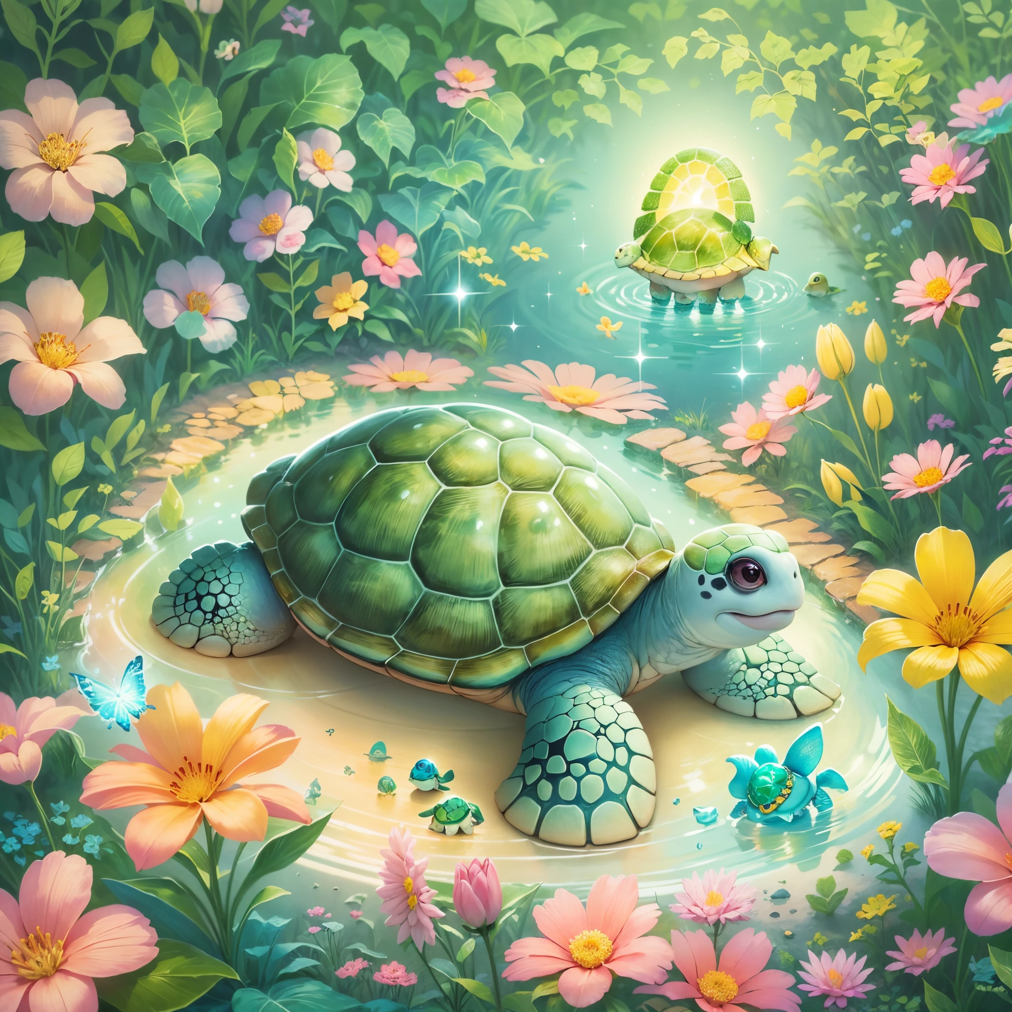 ((Fairytale)), ((The cute turtle illustration is drawn)), largeeyes, Round eyes, eyes glowing, (a variety of poses), Beautiful garden in the background, Colorful flowers bloom, Pink, blue and yellow flowers. it&#39;s bathed in light, The floor is studded with sparkling jewels. The light of diamonds and the light of emeralds spread out beautifully like stars.