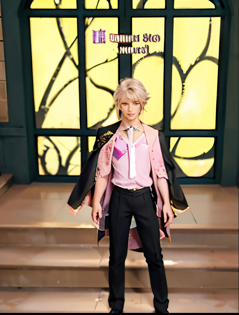 a close up of a person standing on a set of stairs, delicate androgynous prince, beautiful androgynous prince, wearing fantasy formal clothing, ((wearing aristocrat robe)), pink iconic character, single character full body, magical school student uniform, inspired by Tomioka Tessai, fashion gameplay screenshot, handsome anime pose, anime vtuber full body model