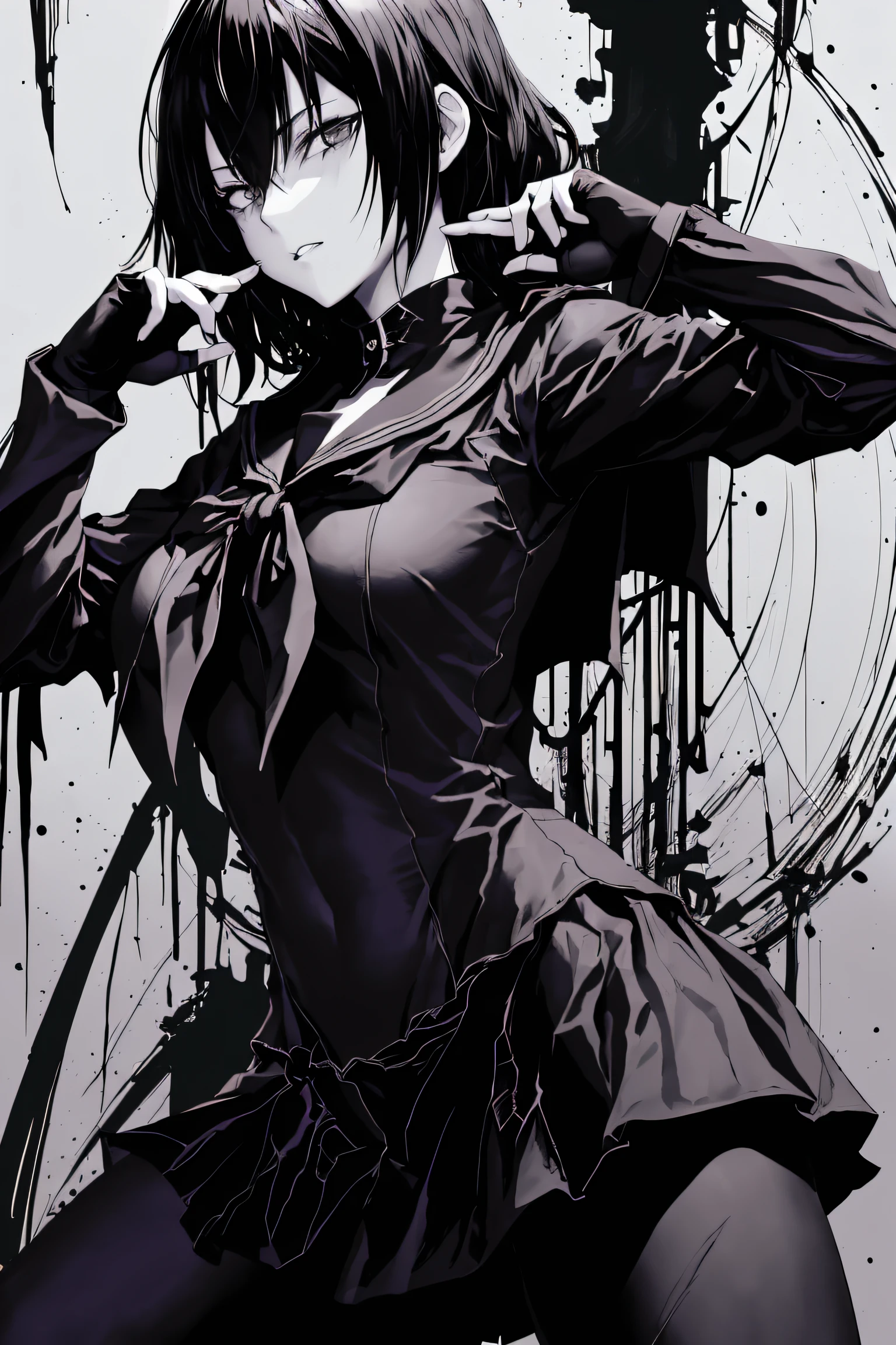 v5lcn style,ink art,(Best Quality,masutepiece:1.2),(black and white comic core:1.1),(extreme high contrast),Dark ink,1girl in,A dark-haired,Shadow on face、8K,resolution,High School Girl,Sailor Uniform,