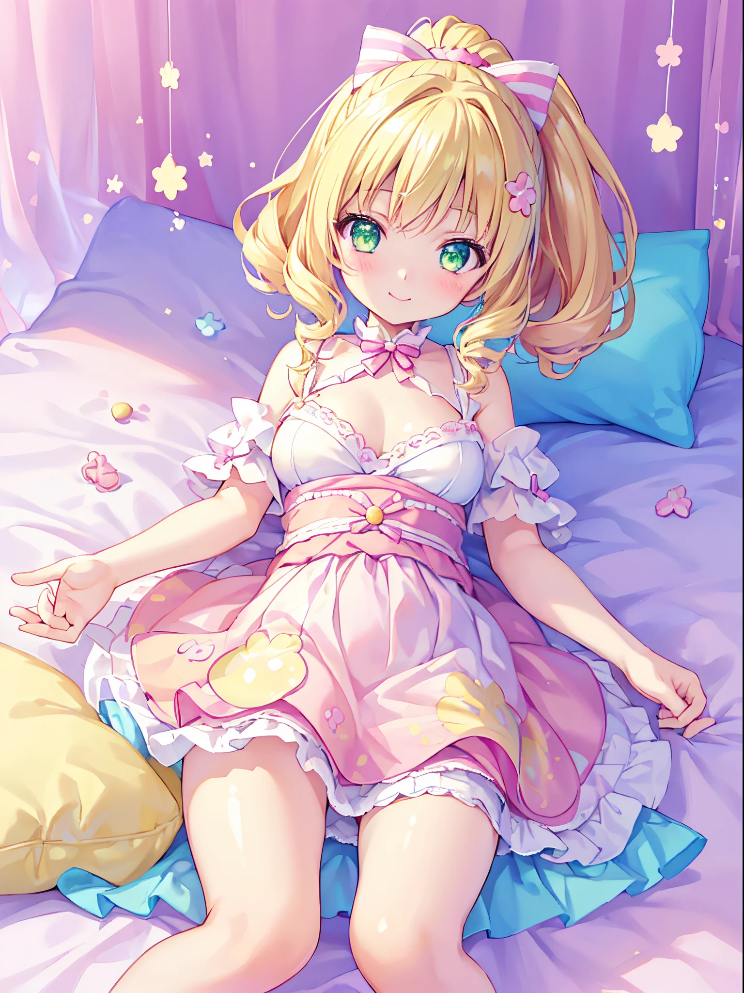 masutepiece, longing, closeup cleavage, Big eyes, Kawaii Tech, kawaii, Cute, Pastel colors, Best Quality, cheerfulness, Deep background, Symmetrical, Head Tilted、、、、、1girl in, lightsmile, Shiny skin, Best Quality, masutepiece, (Game CG:1.4), NSFW, Detailed beautiful face and eyes,,, bottom shot, turned around、 hight resolution, (high detailed face),, ((((1girl in)))), ((( Solo ))), Japanese, delicate and pretty, Perfect face, Beautiful detailed eyes, ((Smile)), Fair skin, Real Human Skin, ((((13 years old )))), ((( kawaii, Petit ))), ((large full breasts)), Baby face,(((Ponytail))),gymnastic suit、masterpiece, super fine illustration, best quality, light particles, ultra-detailed, 8K wallpaper, (bright colors:1.2), solo, ((a little girl)), big breasts, (blonde hair), disheveled hair, short hair, twintail, two side up hair, scrunchie, curly hair, shiny hair, shiny skin, (wearing pale pink and white horizontal striped dress, short sleeve), (frilled miniskirt), (white legwear), ((horizontal striped panty)), (beautiful green eyes, shiny eyes, big eyes), affectionate smile, seductive smile, closed mouth, blush cheeks, (naughty room), (pink bed), (pink pillows), (pink curtain), looking back, get down all fours, nsfw, sunlight, shadow,