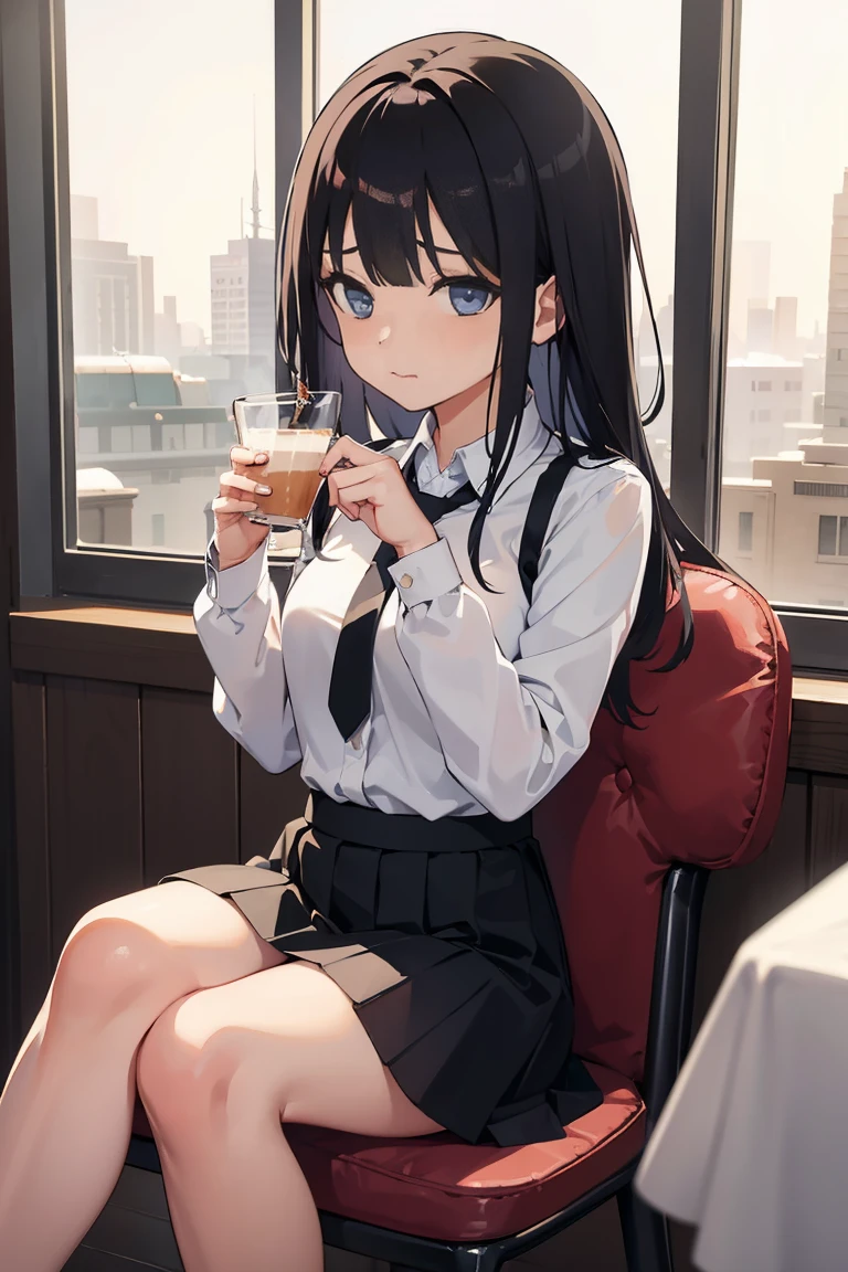 girls,(café),(skirt),(shirt),(sitting on a cafe chair),(wintery),(cross legs),(Tie),(slutty)