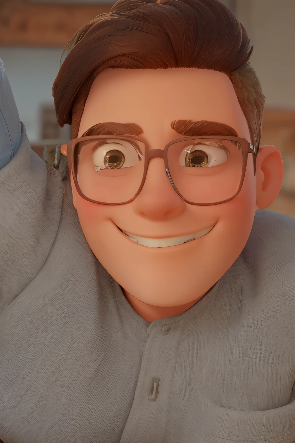 Brown Square glasses brown hair shaved on all sides. Smiling blue gray shirt hand resting behind head