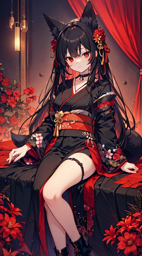 (extremely detailed CG unity 8k wallpaper), (((ultra-detailed))), ((extremely detailed)), (((intricate details))), (((best illustration))), best illumination, ((extremely delicate and beautiful)), ((an extremely delicate and beautiful girl)), colorful, manjusaka, red flower field, (((colorful flowers))), ((solo:1.9)), ((fox girl)), (Black and red Kitsune with long black hair with fox ears and fox tail), (black fox ears:1.4), (red fox ears:1.6), (black single fox tail:1.7) (red fox tip tail:1.3), ((finely detailed beautiful eyes and detailed face)), sad expression, melancholic smile, long hair, (((black hair))), (red eyes:1.9), beautiful detailed eyes, mature female, gentle, slender, medium breast, (Black and red sexy elegant kimono dress:1.3), (medium height black boots:1), ((black choker with red pendent:1)), manjusaka birthmark on neck, sitting, bishoujo, 19 years old,