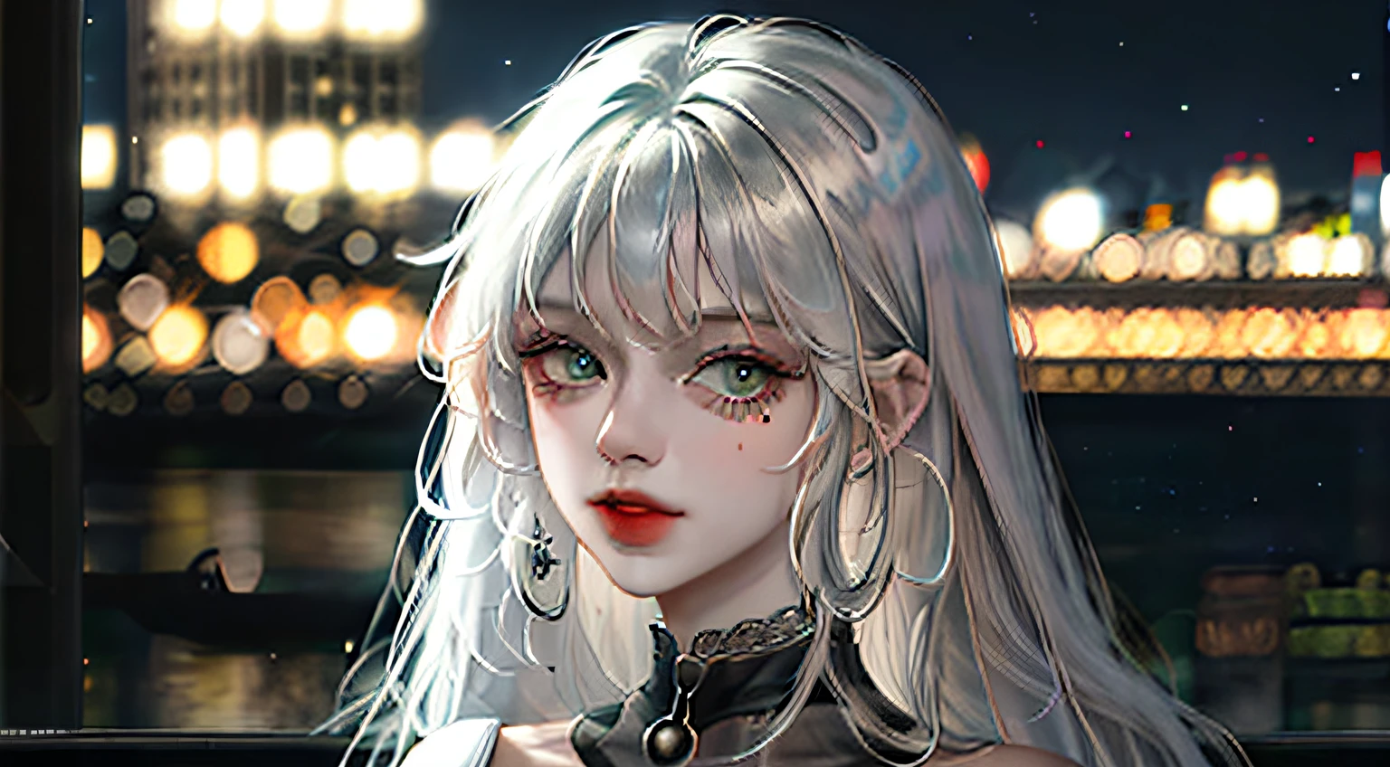 1girl, long silver hair, bangs, green eyes, wearing little black dress, city, night, neon, high res, ultrasharp, 4k, masterpiece, looking at viewer