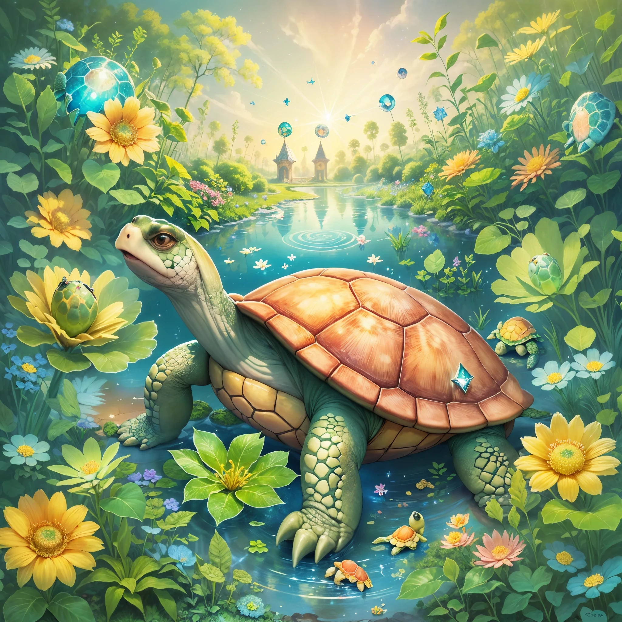 ((dream magical)), ((The magical little land turtle illustration is drawn)), largeeyes, Round eyes, eyes glowing, (a variety of poses), Beautiful garden in the background, Colorful flowers bloom, Pink, blue and yellow flowers. it&#39;s bathed in light, The floor is studded with sparkling jewels. The light of diamonds and the light of emeralds spread out beautifully like stars.