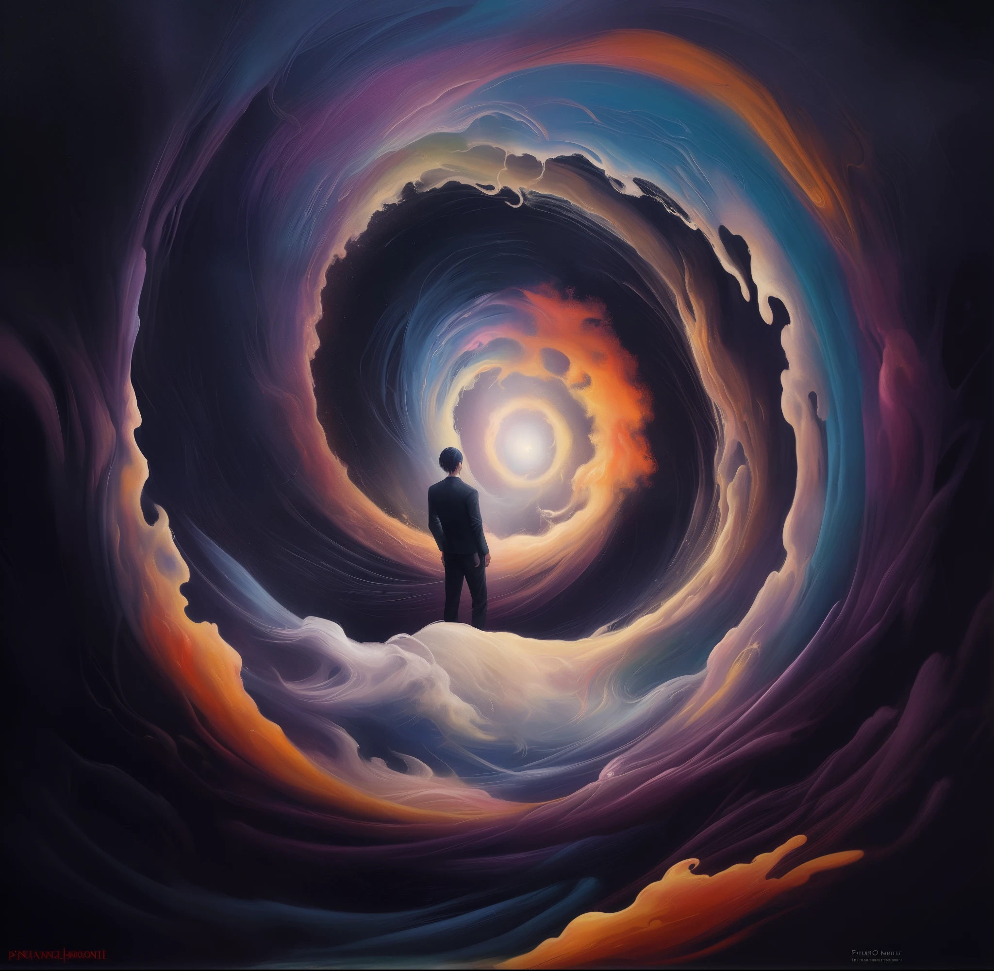 painting of a man standing in a vortex of colors, cloud vortex, standing in a maelstrom, surreal oil on canvas, epic surrealism 8k oil painting, portal dimensional, inspirado em Cyril Rolando, rob mcnaughton, pintura surrealista, surreal oil painting, pintura surreal, Olhando para o cosmos, no plano astral ) ) )