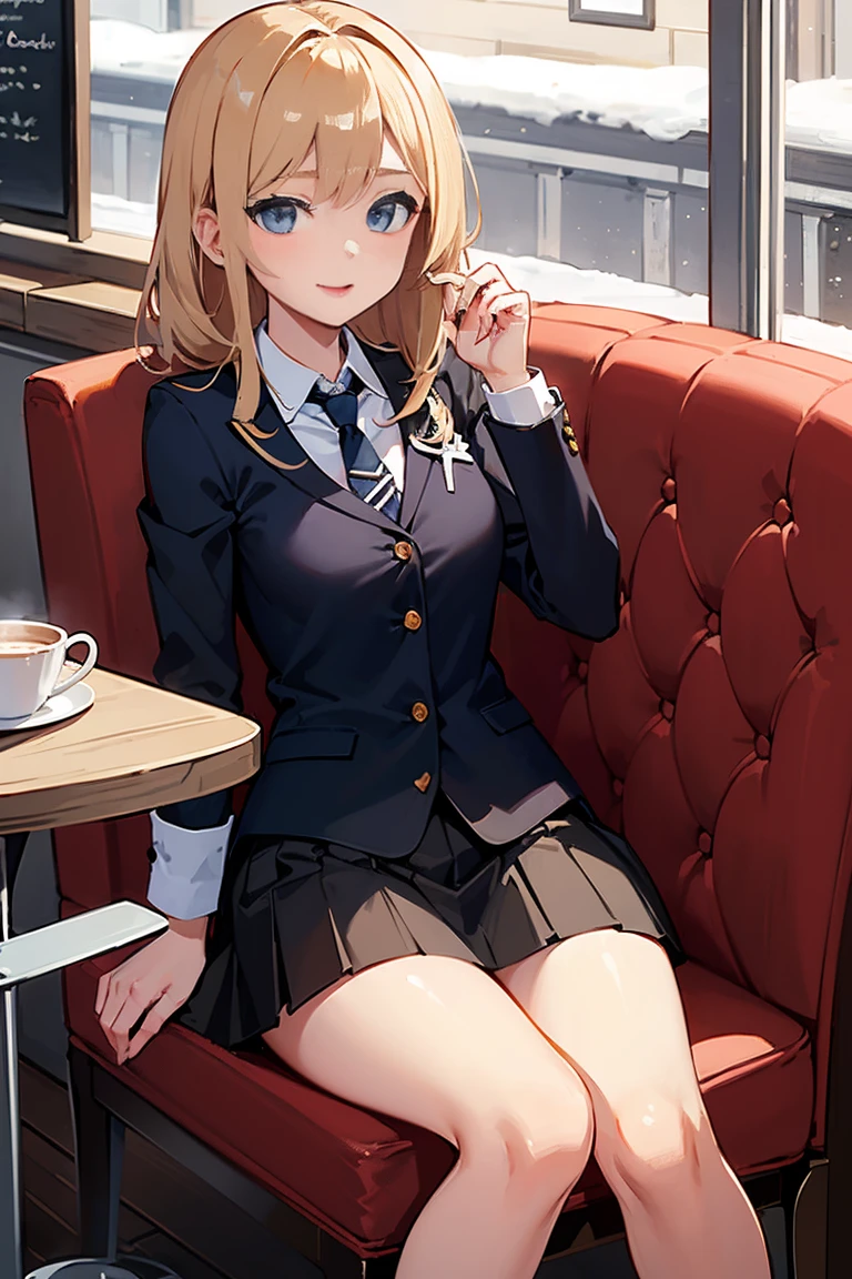 girls,(café),(skirt),(shirt),(sitting on a cafe chair),(wintery),(cross legs),(Tie),(slutty)