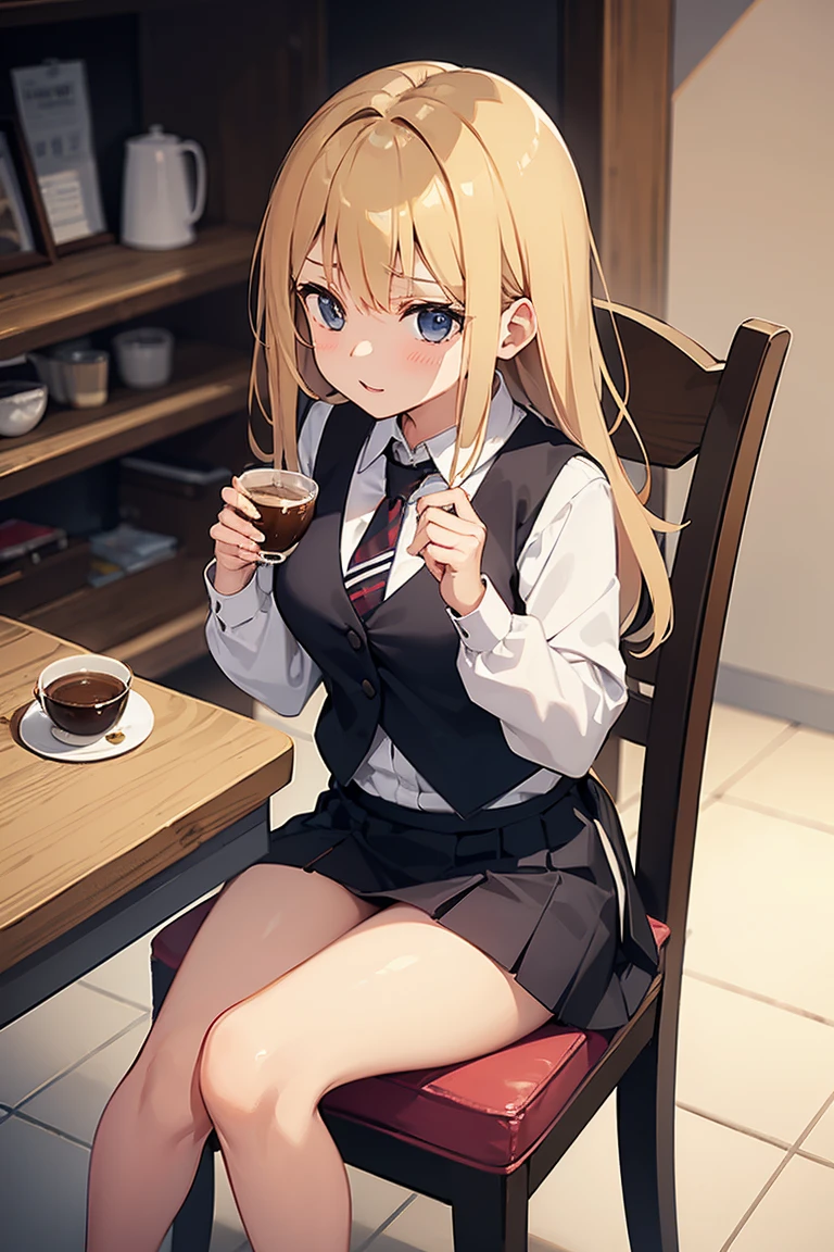 girls,(café),(skirt),(shirt),(sitting on a cafe chair),(wintery),(cross legs),(Tie),(slutty)
