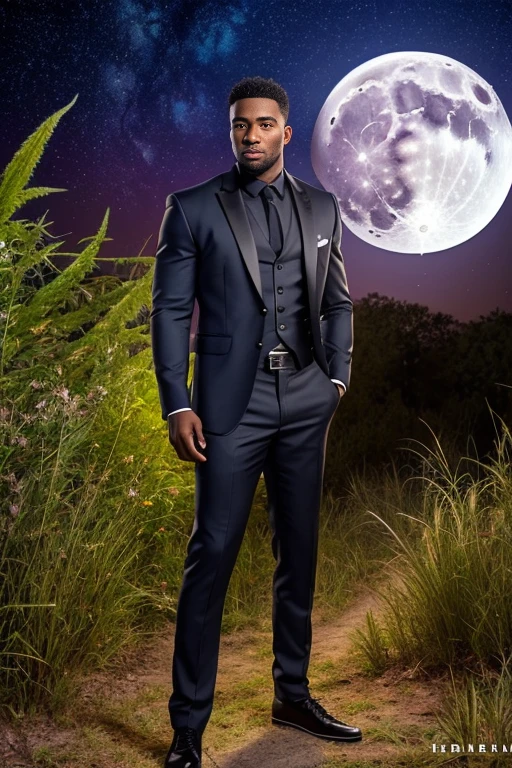 An image of a gorgeous black man, pothead's outfit, man on a hill at night, with full moon and astrophotography, smoking weed, full body, detailed skin, masterpiece, best quality, realistic, ultra-realistic, professional photography edited with best quality, standard size: 1080 x 1920 pixels, 9:16 aspect ratio.
