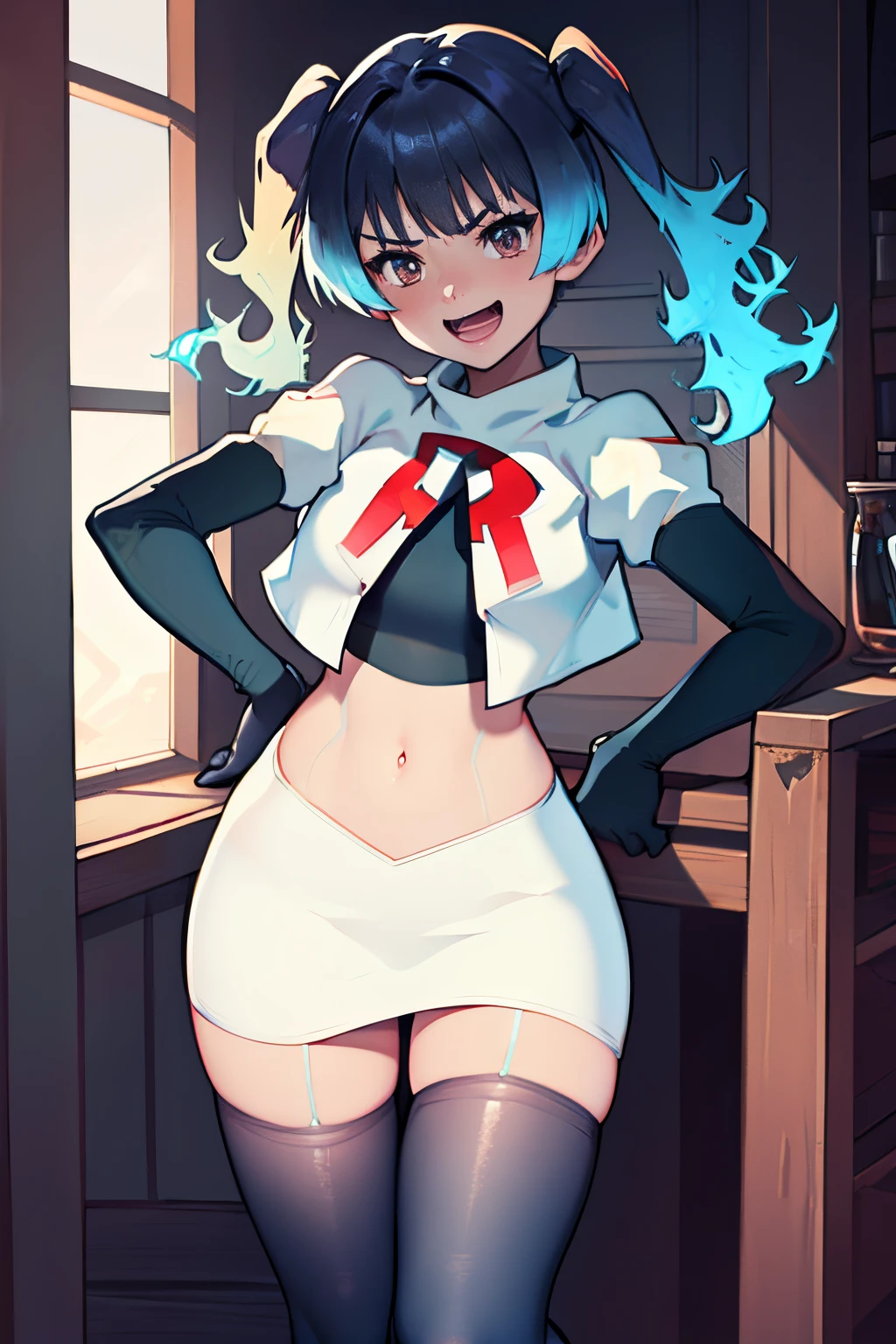 face of sena \(xenoblade\), 1girl,team rocket,team rocket uniform, red letter R, white skirt,white crop top,black thigh-highs,black elbow gloves,evil laugh ,