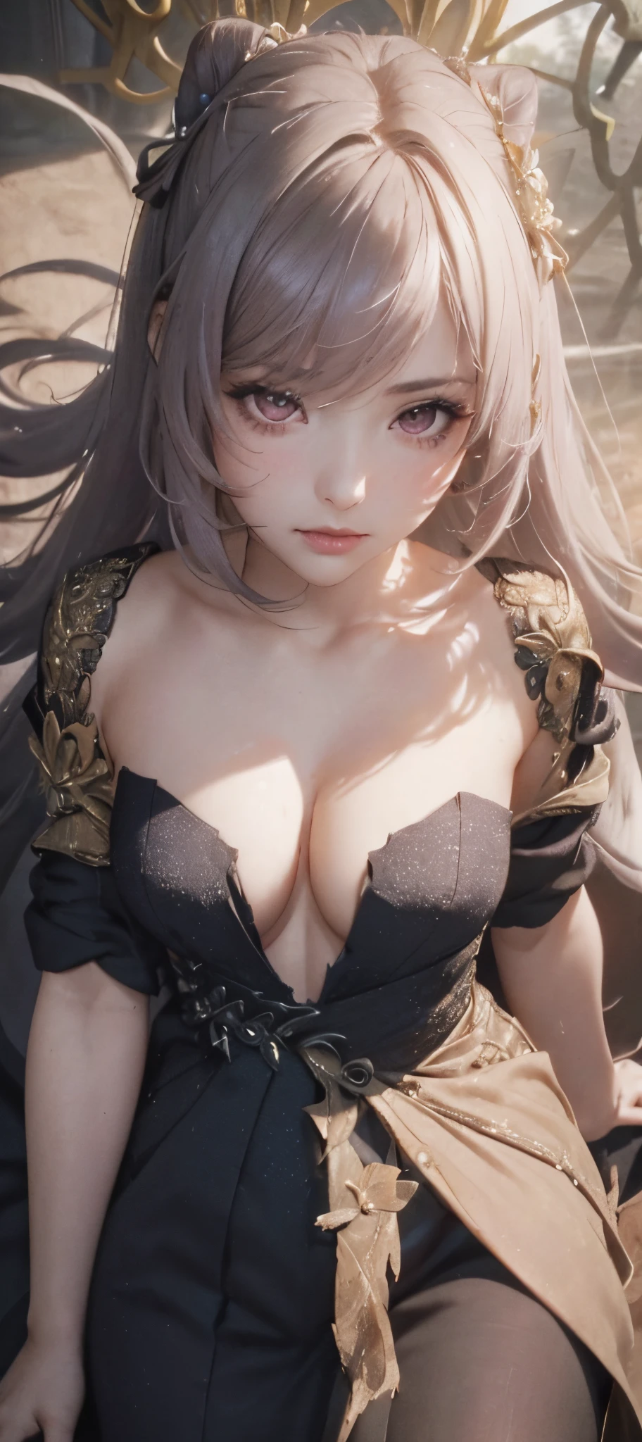 (masterpiece, best quality), 1girl, beautiful face, looking at viewer, standing, from above, (1girl:1.3), (photorealistic:1.4), (masterpiece, top quality, best quality, official art), extreme detailed, highest detailed, (ultra-detailed), ((an extremely delicate and beautiful)), cinematic light, contemporary, (ultimate cute face), (cleavage), (sexy look), (topless)