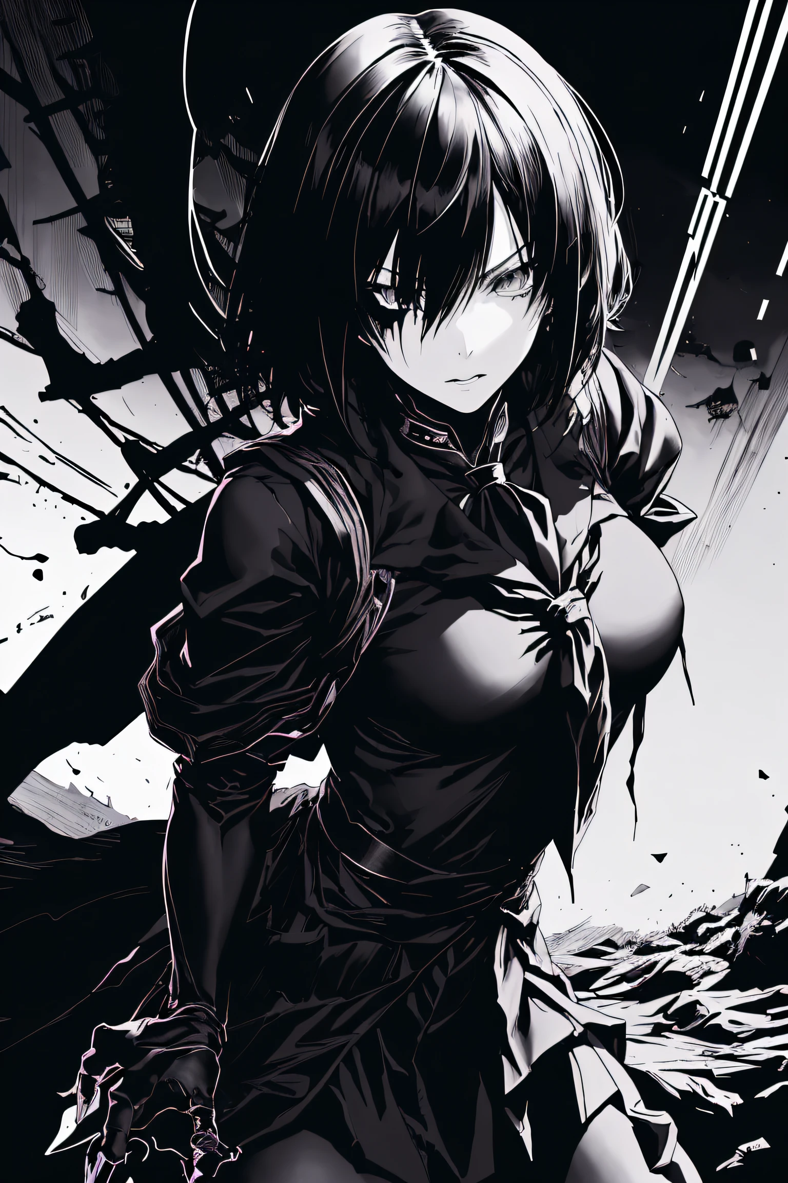 v5lcn style,ink art,(Best Quality,masutepiece:1.2),(black and white comic core:1.1),(extreme high contrast),Dark ink,1girl in,A dark-haired,Shadow on face、8K,resolution,High School Girl,Sailor Uniform,