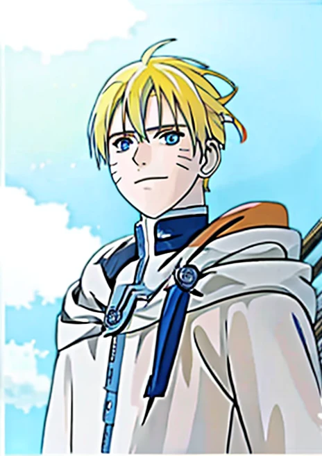 anime boy with spiky yellow hair and white cape looking at the camera, tall anime guy with blue eyes, naruto as himmel, naruto uzumaki, male anime character, roguish smirk, made with anime painter studio, 8k!, hero, looking at viewer