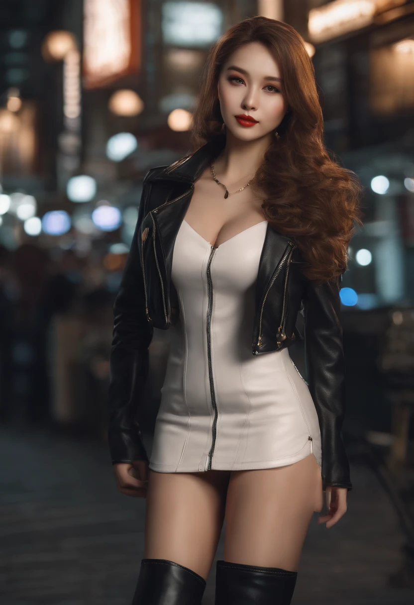 Best Quality, in 8K, 32K, master piece ,ultra-detailliert,Twin-tailed , Hair color is brown hair,straight haired , 20yr old ,two cute women side by side,Full body, Microminiskirt,thigh high boots,kneehigh boots,Black leather,high-heels,Tokyo at night ,Smiling,Tall,a large bust