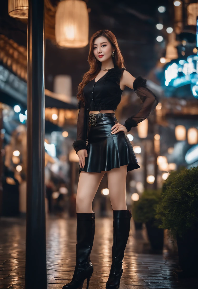 A woman in black dress and boots posing for a picture - SeaArt AI