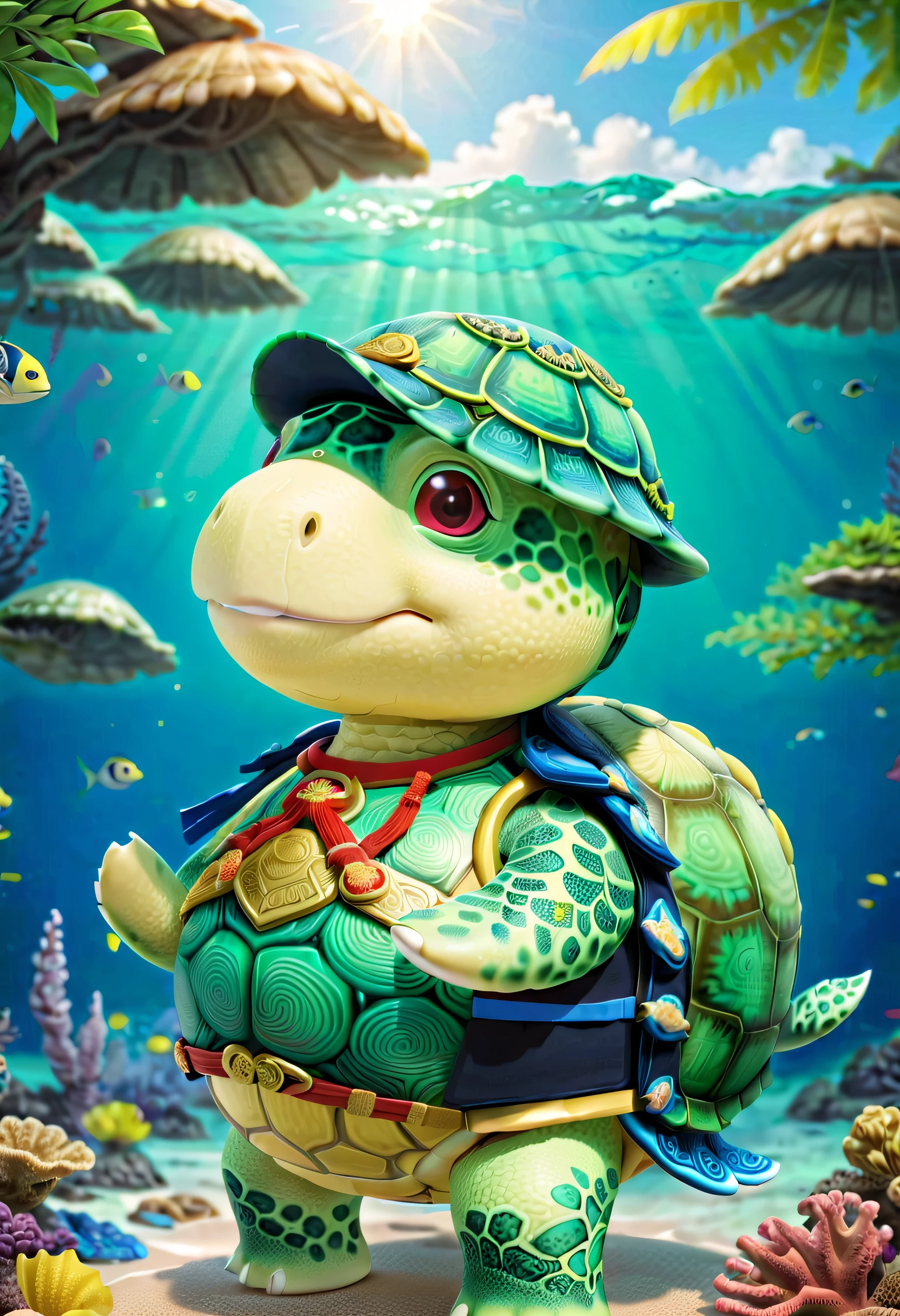 A chubby giant turtle，The body appears as light green or light blue shells，There are some cute patterns on the shells。His head is relatively large，The eyes are large and bright，Curved eyebrows，give a smart impression。His mouth opened slightly，Show a little tooth，give a friendly look。Prime Minister Turtle is wearing a gorgeous official hat，The top of the official hat is a small golden dome，It&#39;s set with a ruby.，Flashing with a shimmering light。There are two small tassels on both sides of the official hat，The color can be chosen from light green or light blue that echoes the shells。The limbs of Prime Minister Turtle are short and thick，Has cute paws。His forelimbs can be placed on his chest，As if thinking or holding a document。Hind limbs can be slightly bent，Give people a kind gesture。Prime Minister Turtle is wearing a gorgeous official uniform，The color of the official uniform can be light green or light blue that echoes the shells.。Some exquisite patterns or patterns can be drawn on official uniforms，Like clouds、wave or dragon pattern。a vast ocean，The water is clear blue，You can add some cute sea creatures，Such as small fish、seaweed, etc。Prime Minister Turtle can hold an open document in his hand，You can draw some simple words or patterns on it，to highlight his responsibility and wisdom。