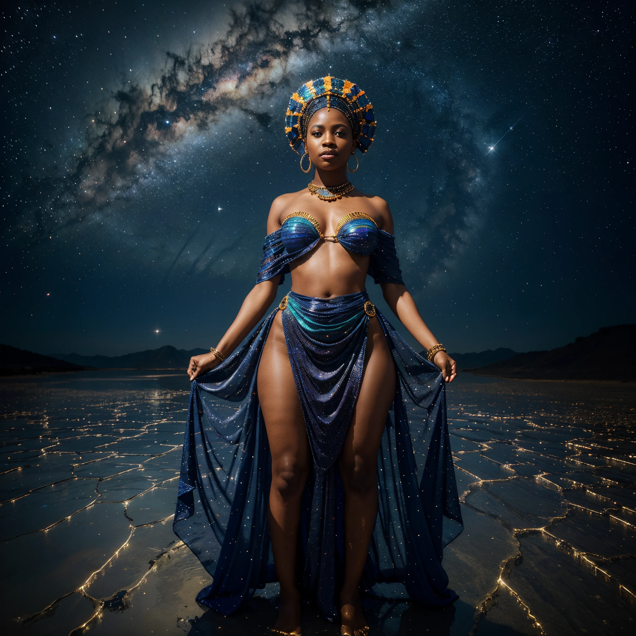 full body shot image, In a mesmerizing display of cosmic beauty, a hypnotic holographic African woman dressed in African designed clothes and african designed beads and headdress with vibrant colors, shines with stars and galaxy glowing on her skin, floating above a reflective surface reflecting her image, This high contrast, high key photograph captures the surreal beauty of the celestial phenomenon as it casts a spellbinding radiance. The image, with its impeccable clarity and impeccable detailing, immerses viewers in the otherworldly spectacle, evoking a sense of awe and wonder.