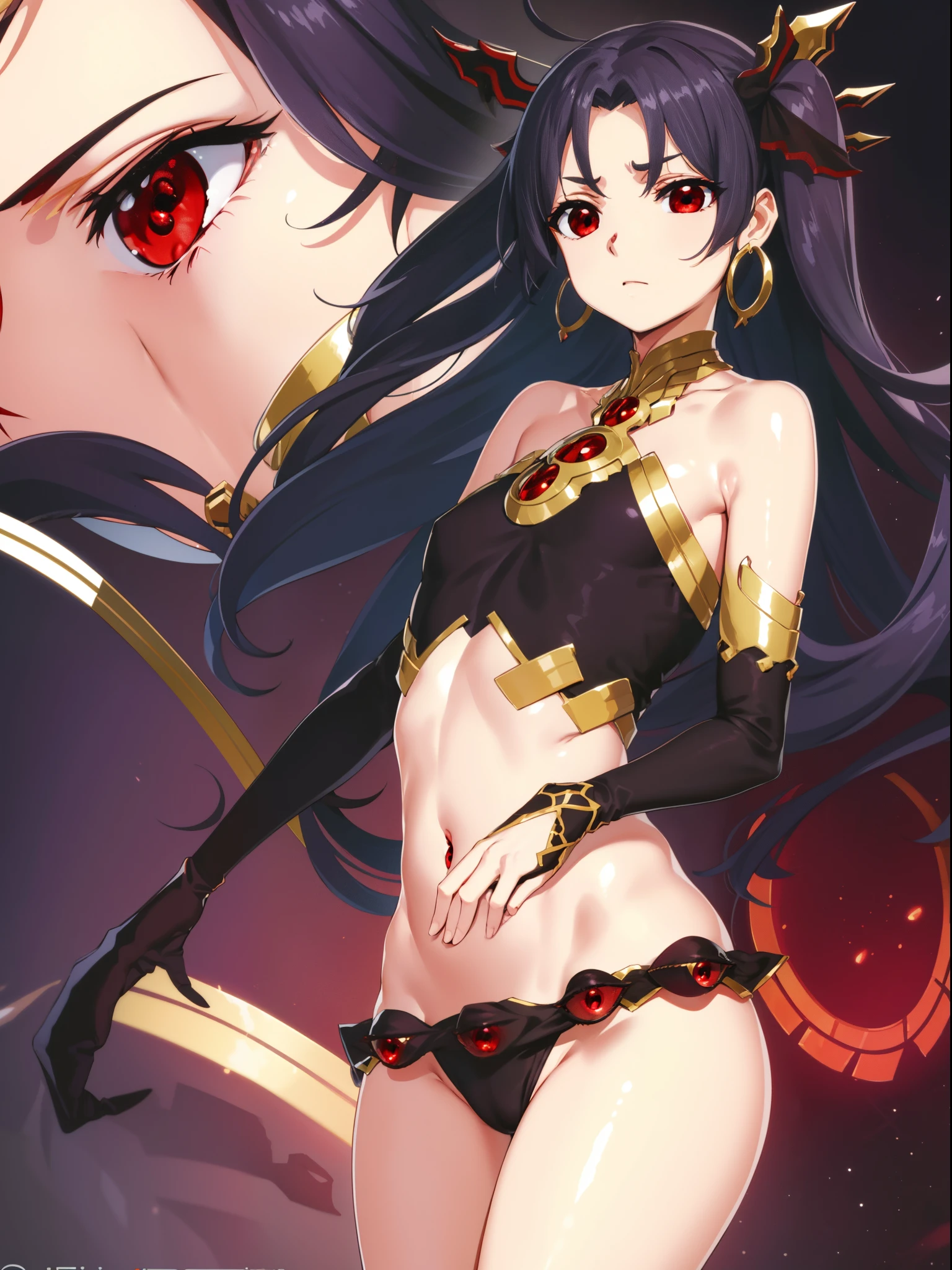 Ishtar, Ishtar YD, Ahoge, Black bow, Bow, Black hair, earrings, Hair Bow, Hair Ornament, Jewelry, Long hair, (Red Eyes:1.5), (Parted bangs:1.5), (tiny chest:1.2),
BREAK bare shoulders, elbow groves, Fingerless gloves, gloves, Long sleeves, Revealing clothes, single elbow glove, thighs thighs thighs thighs,
BREAK outdoors, spaces, Star \(skyporn\), skyporn,
BREAK looking at viewer, Cowboy Shot,
BREAK (masutepiece:1.2), Best Quality, High resolution, Unity 8k壁纸, (Illustration:0.8), (Beautiful detailed eyes:1.6), extra detailed face, Perfect Lighting, extremely details CG, (Perfect hands, Perfect Anatomy),