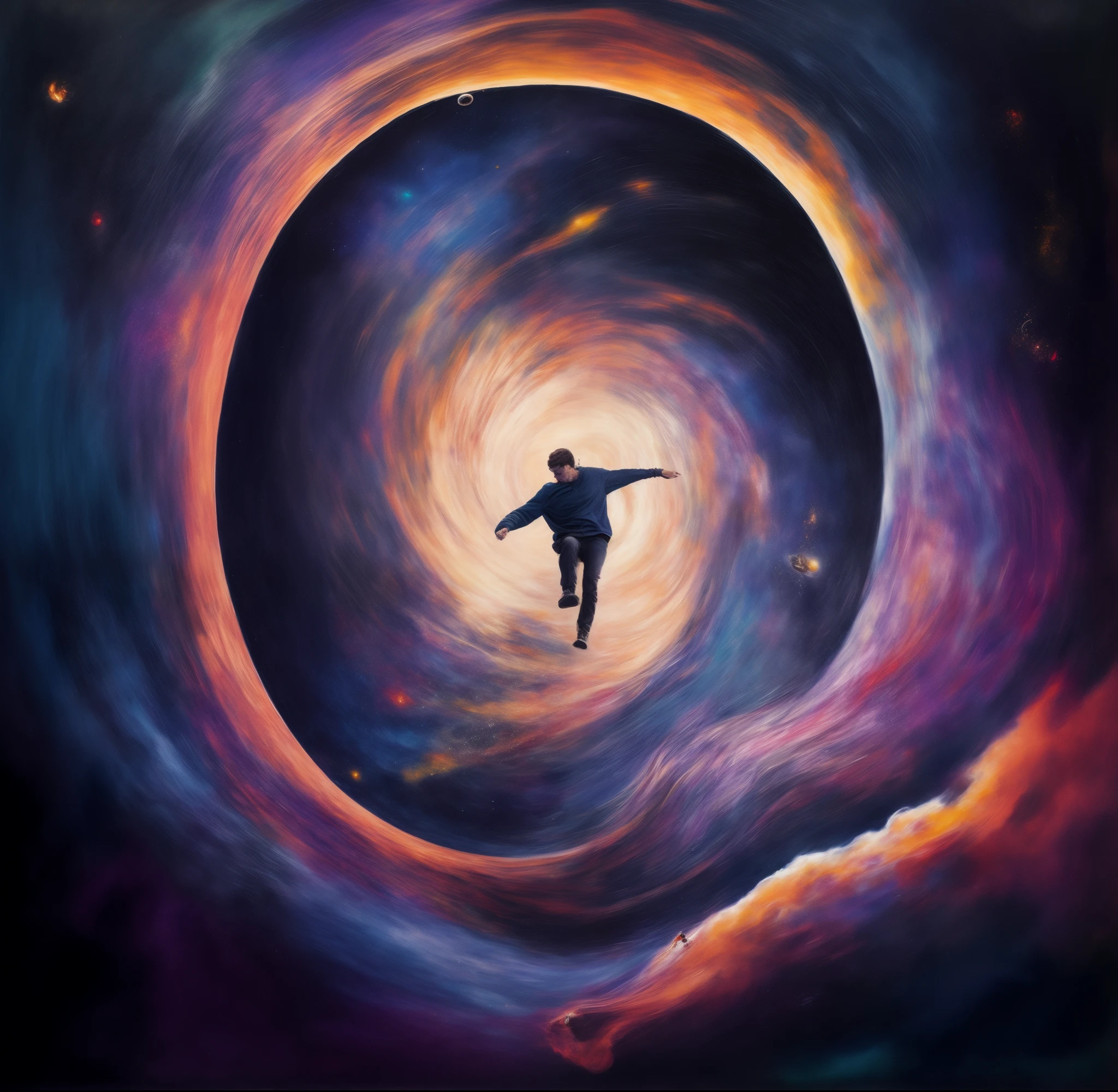 painting of a man in a vortex with a skateboard, is being drawn into a blackhole, Portal do infinito interestelar, portal in space, Portal para outro universo, open portal to another dimension, Portal to outer space, portal dimensional, Entering a Quantum Wormhole, buraco de minhoca, Portal to another dimension, standing in a maelstrom, portal do tempo do buraco negro