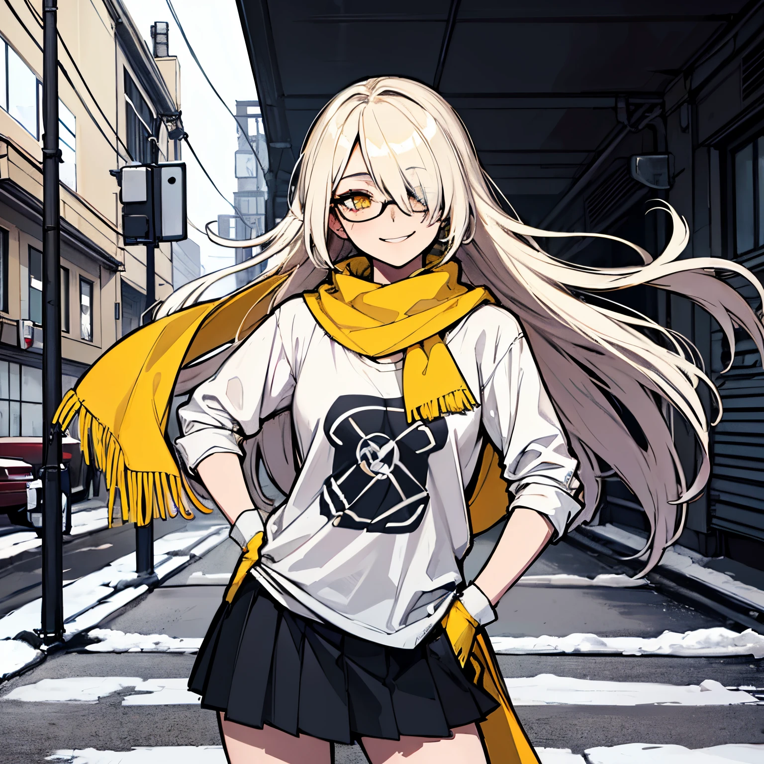 (absurdres, 8k, 4k, masterpiece, hyper extreme detailed:1.2), solo, front view portrait, best quality, portrait, solo, adult, cowboyshot, perfect anatomy, 1girl, perfect face, expressive eyes, perfect eyes, half body, platinum blonde hair, swept bangs, glasses, cool, confident, friendly, medium bust, toned, cool, suve, protagonist, unchanging, worry free, adventurous, long hair, snow, snowy city, entertained, white graphic t-shirt, yellow scarf, gold eyes, braided hair, gloves, symbols on t-shirt, skirt, eccentric, odd, quirky, unique, carefree, original, messy hair, wind, windy, moving hair, moving clothes, tangled hair, dirty, happy, content, streetwear, sleeve arm warmers, sleeves, dynamic pose, friendly, slight smirk, yellow scarf, left hand on hip, right hand in pocket, freckles, flowing hair, hair over one eye,