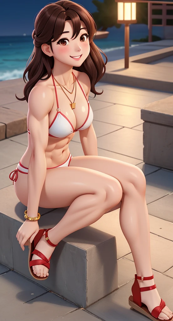 attractive korean woman, ripped muscle, muscular body, small , pale skin, smile(blush), bikini, sandals, thin necklace, sixpack abs, [ultra detailed skin:1.2], brown hair, wavy hair, 8k uhd, pussy, body, crowd, public, night, sitting,