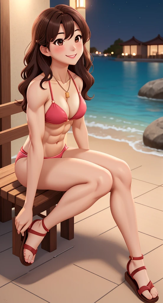 attractive korean woman, ripped muscle, muscular body, small breast, pale skin, smile(blush), bikini, sandals, thin necklace, sixpack abs, [ultra detailed skin:1.2], brown hair, wavy hair, 8k uhd, pussy, full body, crowd, public, night, sitting,