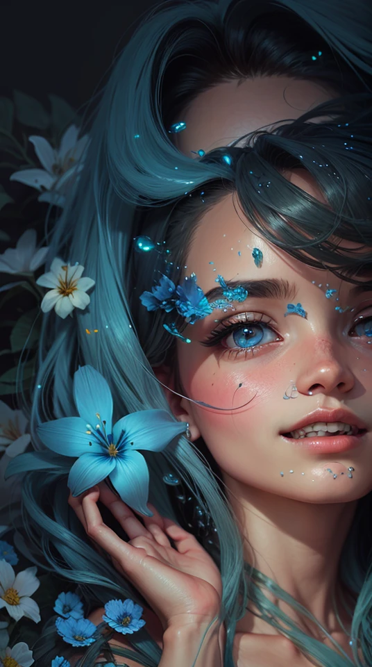 Garota de cabelo azul e flores no cabelo