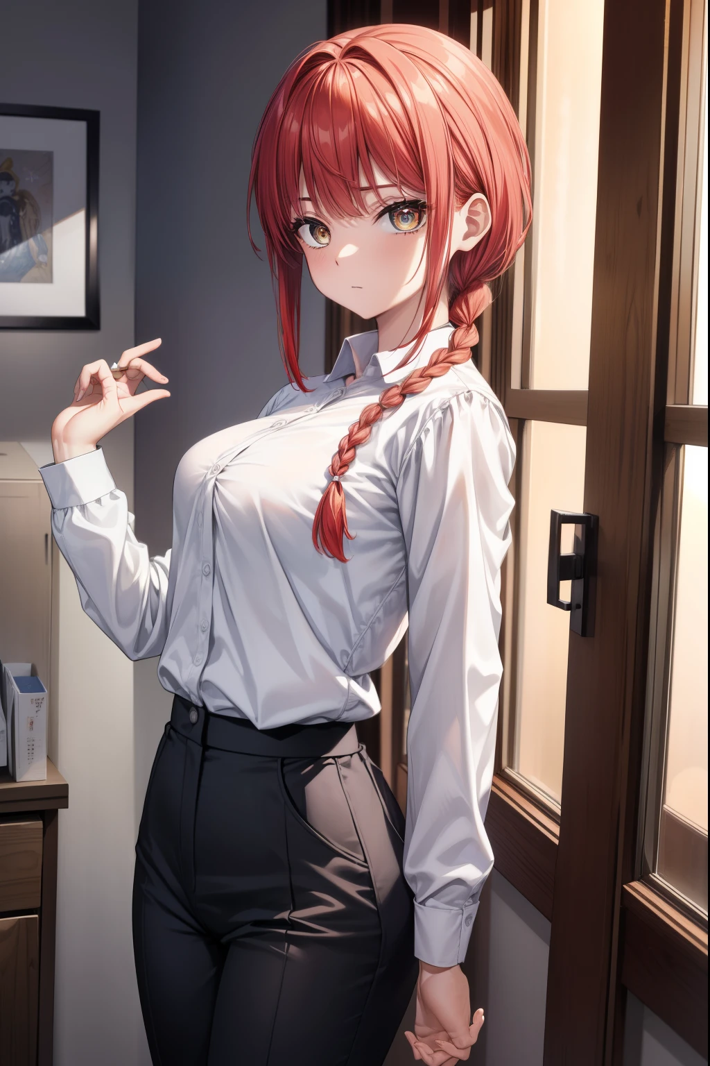 Makima, Makima, cabelos longos, sorrir, franja, (seios pequenos:1.2), (olhos amarelos:1.2), pigtail, red hair, braided ponytail, olhos anelados, Camisa quebrar, mangas compridas, camisa branca, gravata, camisa de gola, Pants, black pants, formal, naipe, gravata preta, camisa enfiada, office lady, ARROMBAMENTO dentro de casa, s office, quebrar olhando para o espectador, quebrar (master part:1.2), best quality, high resolution, Unity 8k papel de parede, (illustration:0.8), (belos olhos detalhados:1.6), Rosto extremamente detalhado, perfect lighting, CG extremamente detalhado, (perfect hands, anatomia perfeita),