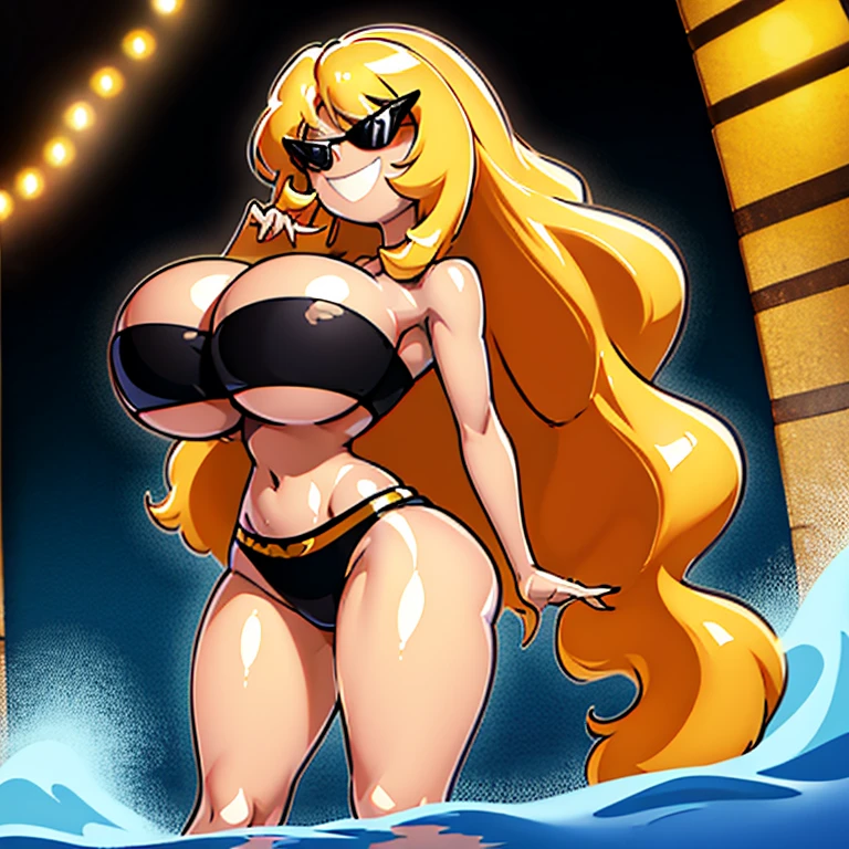 sunnymiamitf, huge breasts, narrow waist, wide hips, sunglasses, teeth, curly hair, long hair, blonde hair, parted bangs, black bikini, strapless, tube top, g-string