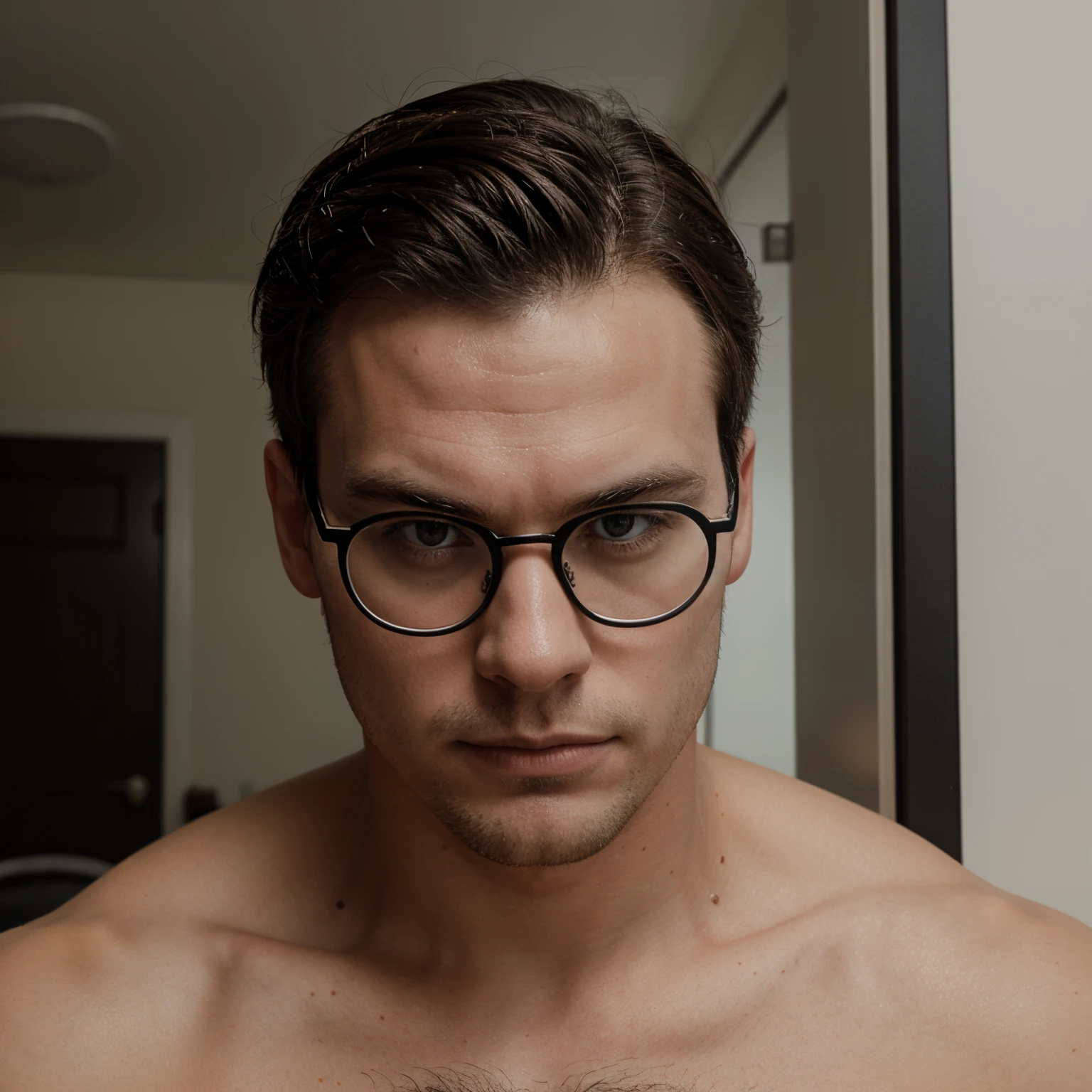 A sexy   man sitting next to a small window, looking at the camera seductively, beautiful room filled with books,and plants, sunlight coming from window , homoerotic, nsfw ,( focus mostly on the man), eye glasses 