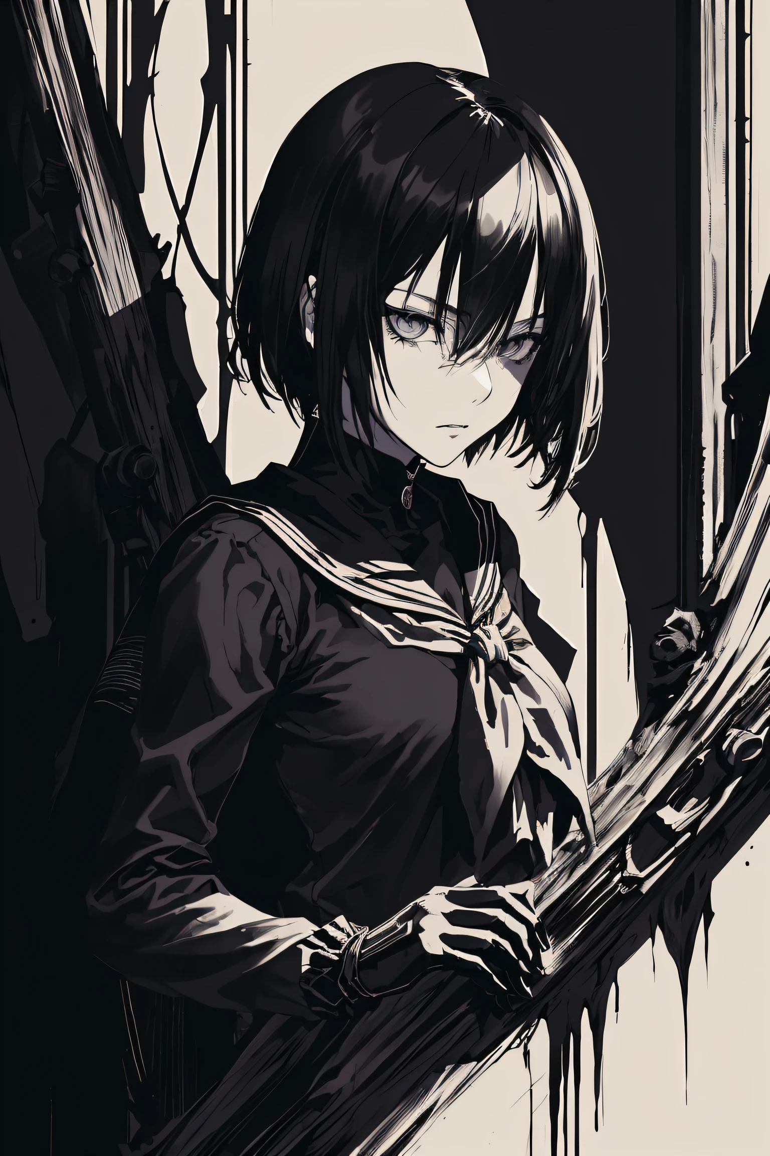 v5lcn style,ink art,(Best Quality,masutepiece:1.2),(black and white comic core:1.1),(extreme high contrast),Dark ink,1girl in,A dark-haired,Shadow on face、8K,resolution,High School Girl,Sailor Uniform,