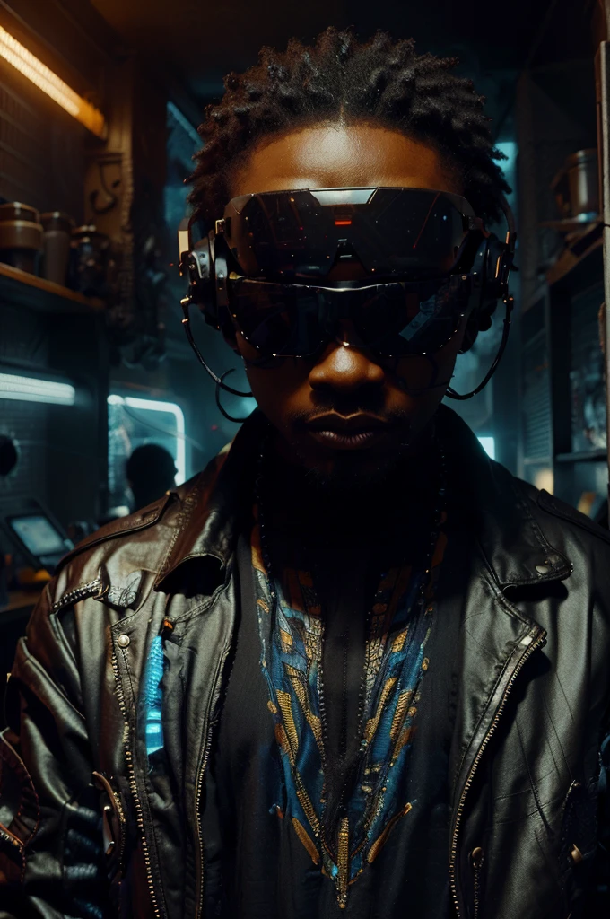 wearing African clothes, Black Donald trump ,wearing futuristic sunglasses, science fiction style, A highly detailed, , high-tech, cyberpunk,