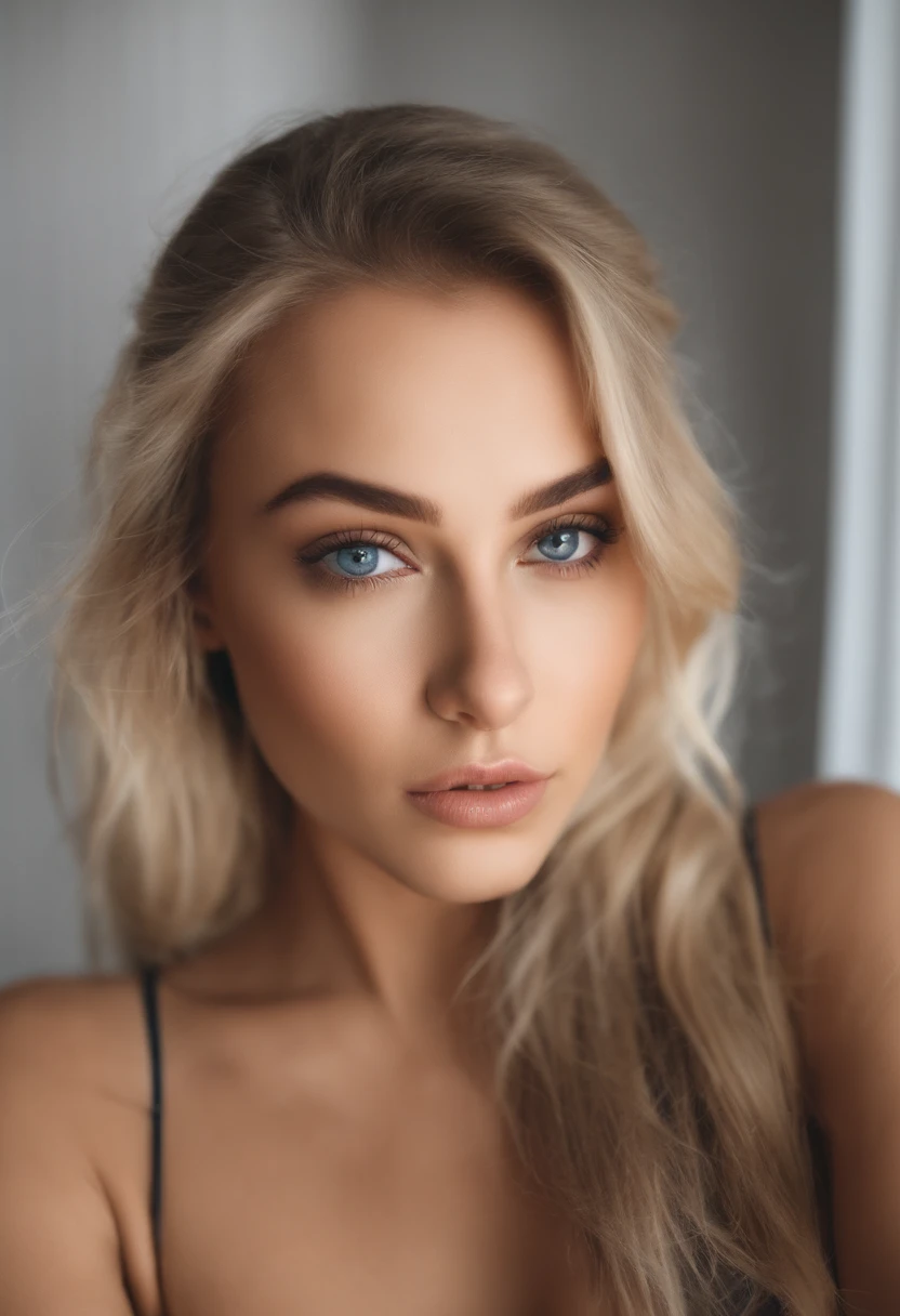 oman with matching tank top and panties, fille sexy aux yeux bleus, Portrait Sophie Mudd, Portrait de Corinna Kopf, cheveux blonds et grands yeux, selfie of a young woman, ohne Maquillage, maquillage naturel, Look directly into the camera, Visage avec Artgram, dezentes Maquillage, Superbe photo du corps entier, dans la chambre, gros seins, Blonde, Latin