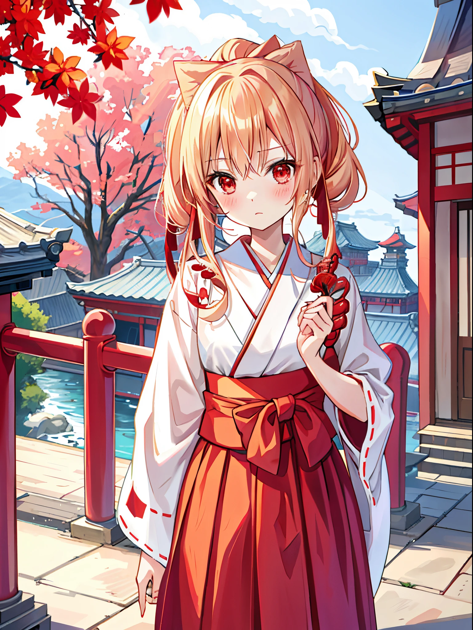 red blush、blonde hair、Hair is up、red eyes、Beautiful girl alone、animesque、独奏、lonely、Red Hakama、shrines