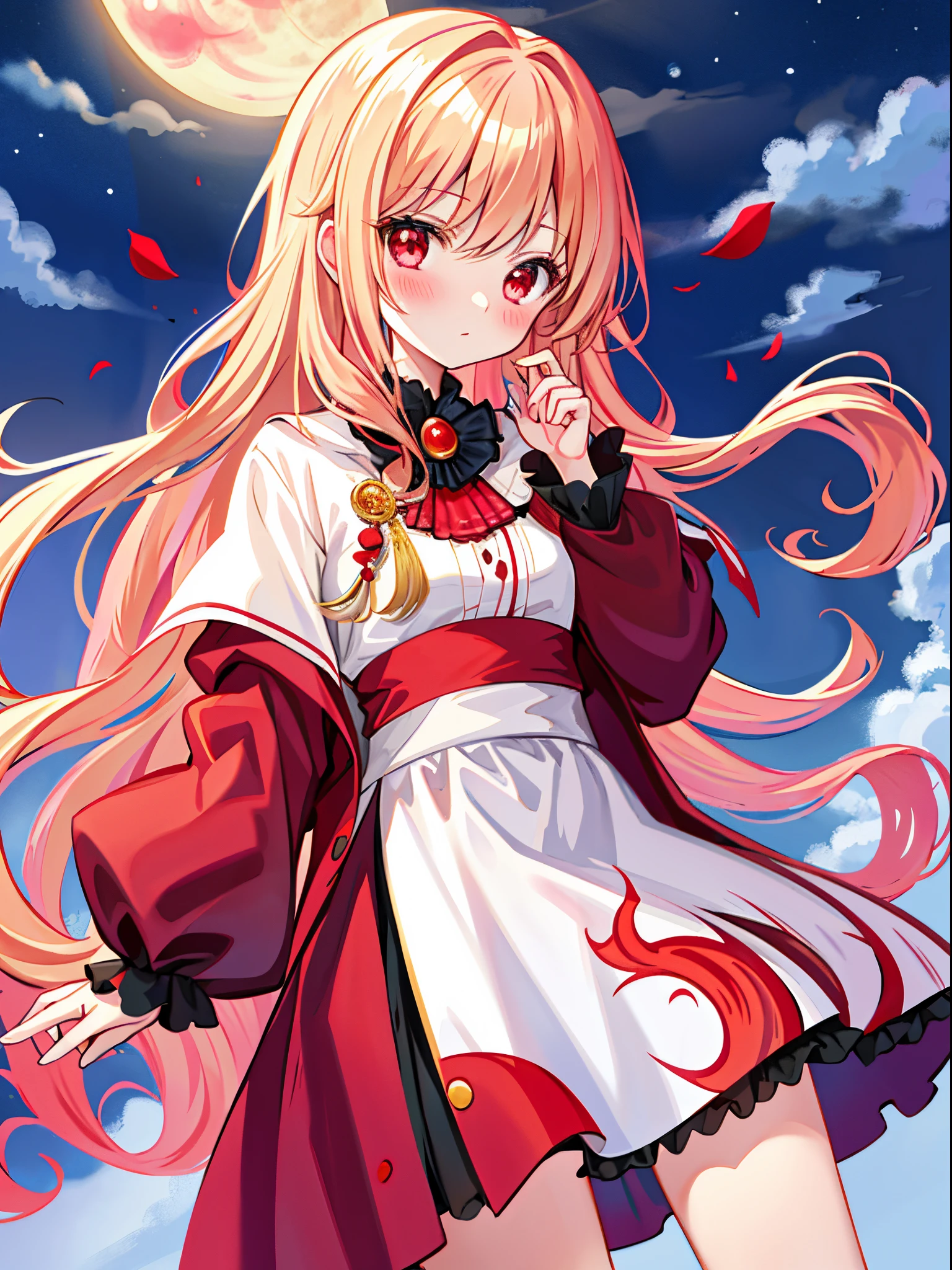 red blush、Wavy blonde hair、red eyes、Beautiful girl alone、animesque、独奏、lonely、Vampire、a moon、natta、