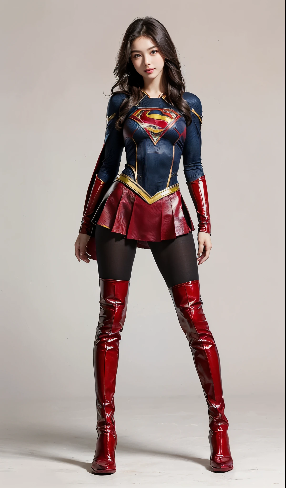 Suffering、mouth is always open sloppily、Drool is always dripping from my mouth、Asian Beautiful Girl、(((Wear black tights on your beautiful legs.)))、(((beauty legs)))、(((facial expression of smile)))、((((Make the most of the original image)))、(((Supergirl Costume)))、(((a short bob、beautiful hairl)))、(((Suffering)))、(((Feet must necessarily be worn with black tights)))、(((You need to wear red boots)))、((Top image quality、8K))、((top-quality、8K、​masterpiece:1.3))、(((Keep your background simple)))、Crisp focus:1.2、Beautiful woman with perfect body shape:1.4、Slender Abs:1.2、a wet body:1.5、Highly detailed facial and skin texture、8K、beauty legs