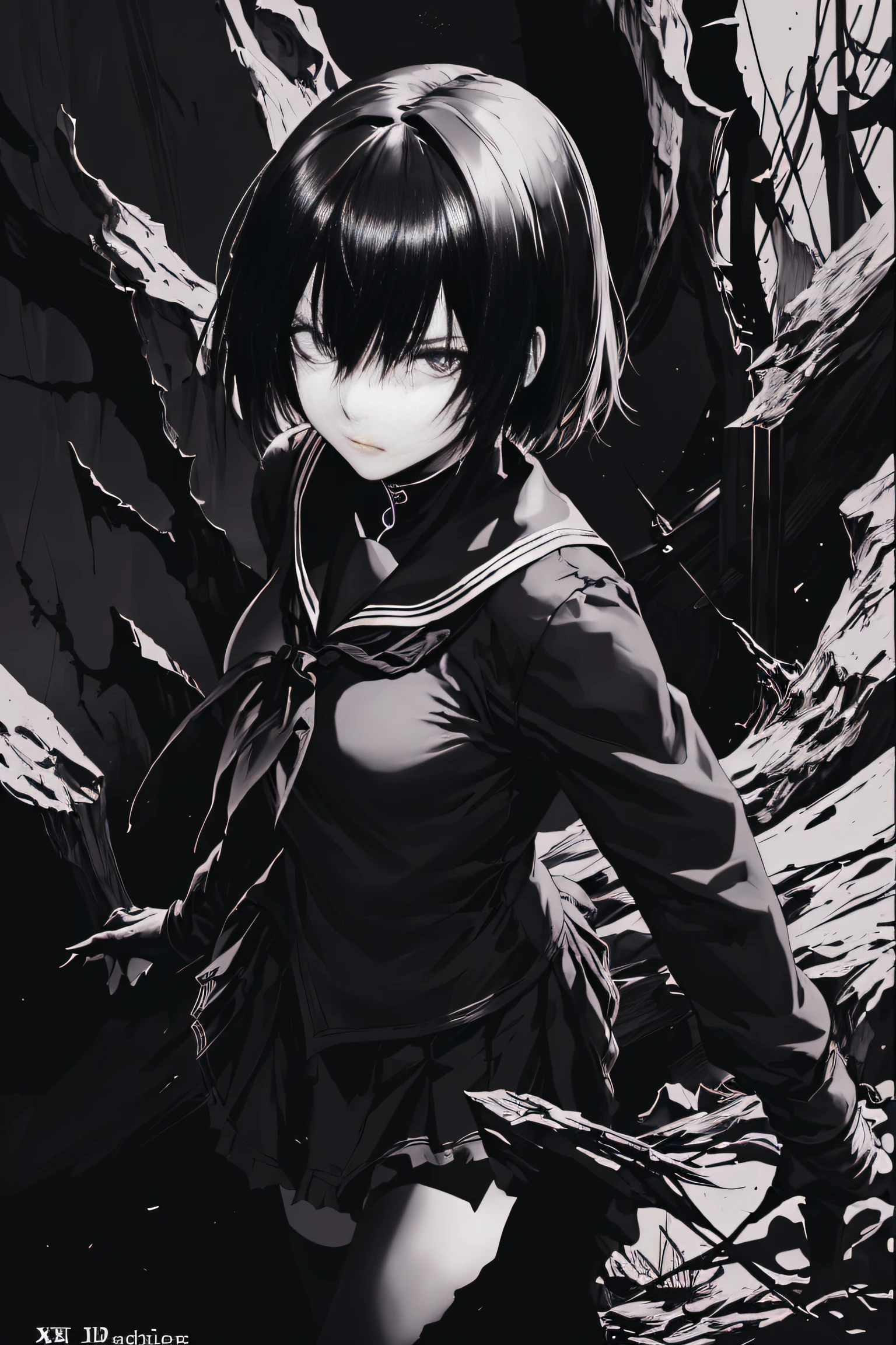 v5lcn style,ink art,(Best Quality,masutepiece:1.2),(black and white comic core:1.1),(extreme high contrast),Dark ink,1girl in,A dark-haired,Shadow on face、8K,resolution,High School Girl,Sailor Uniform,