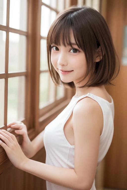 masutepiece, Best Quality, One girl, (Beautiful Girl:1.3), (:1.2), Very fine eye definition, (Symmetrical eyes:1.3), NSFW, (Put out naked, Cute sleeveless:1.3), Beautiful breasts, Brown eyes, Parted bangs, Brown hair, Upper teeth,Bedrooms,A smile,profile,Transverse breasts,Angle seen from the side,Fold your hands behind your back,Full body,