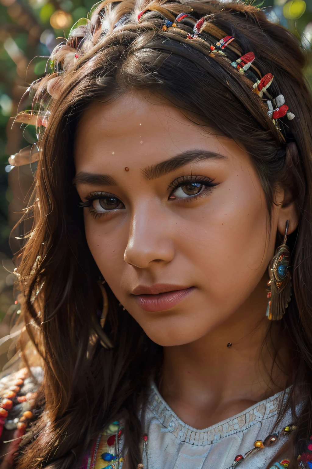 (best quality, highres, ultra-detailed, realistic:1.37), beautiful detailed eyes, beautiful detailed lips, extremely detailed eyes and face, long eyelashes, 1 girl, full native American garb, traditional headdress, intricate beadwork, vibrant colors, soft lighting, oil painting, nature background