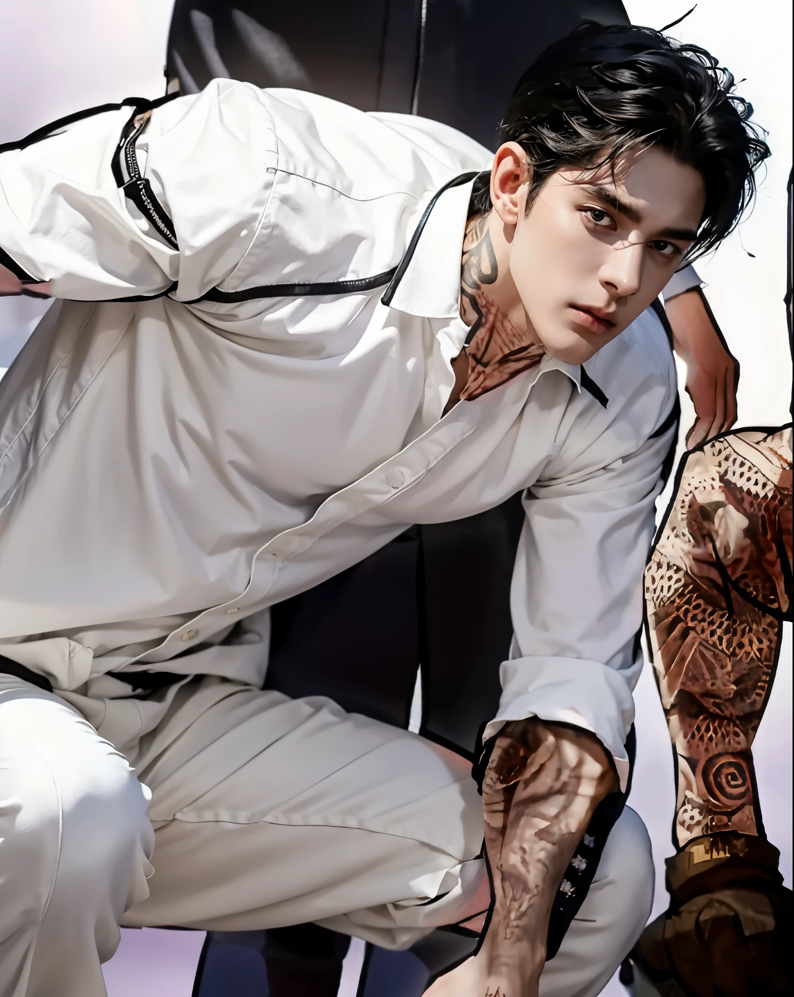 Man squatting, black hair tattoos on neck, white clothing, black hair, man with realistic short thick black hair, exactly the same hairstyle, realistic beautiful face, realistic expression serious face, adapt the same clothes, realistic white suit, Realistic light, realistic shadows, Realistic ultra high resolution background.photo-realistic:1.4,UHD. Realistic,High resolution without, Masterpiece, Best Quality, Ultra-detailed, better shadow, voluminous lighting), Super High Quality, High Resolution, 8K, Hyper-realistic portrait , photorealestic, dinamic lighting, voluminous lighting, Very Detailed Faces, White pants, breeches, White pants